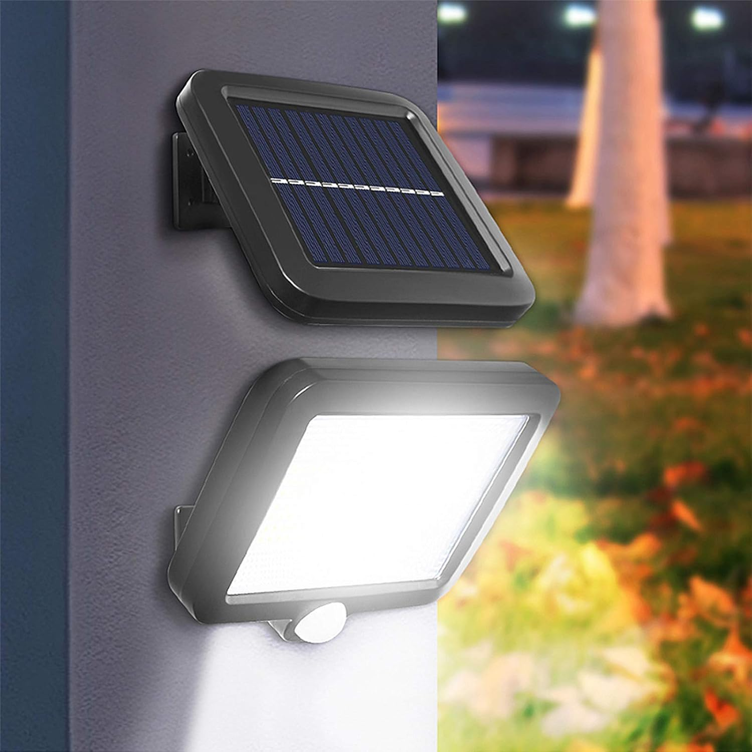 Ein Solarlicht mit blauem Panel und heller LED ist an einer Wand montiert.