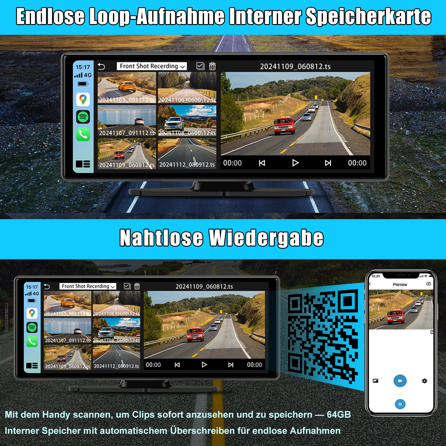 Bildschirm zeigt eine Dashcam-Aufnahme von einer Straße mit Autos. Unten ist ein QR-Code.