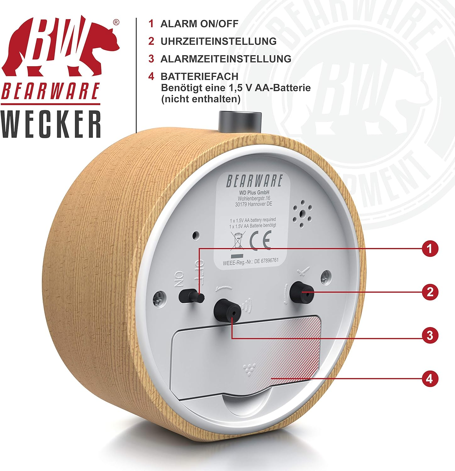 Rückseite eines Holz-Weckers mit Bedienelementen und Beschriftungen.