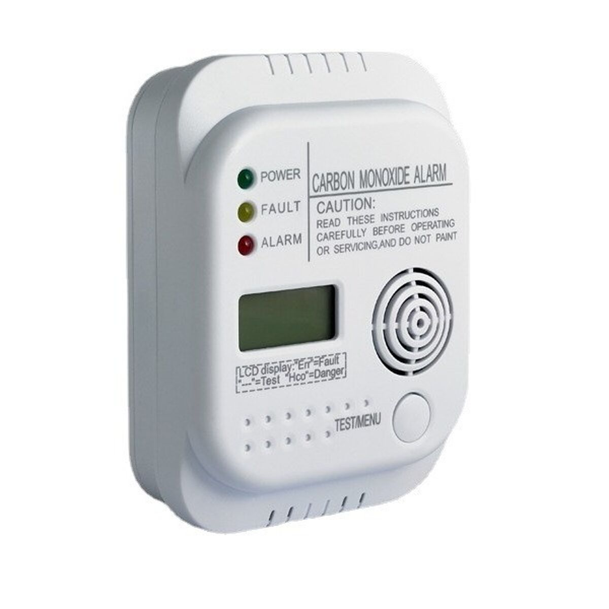 Ein weißer Kohlenmonoxidmelder mit LCD-Display, Warnleuchten und Lüftungsschlitzen.