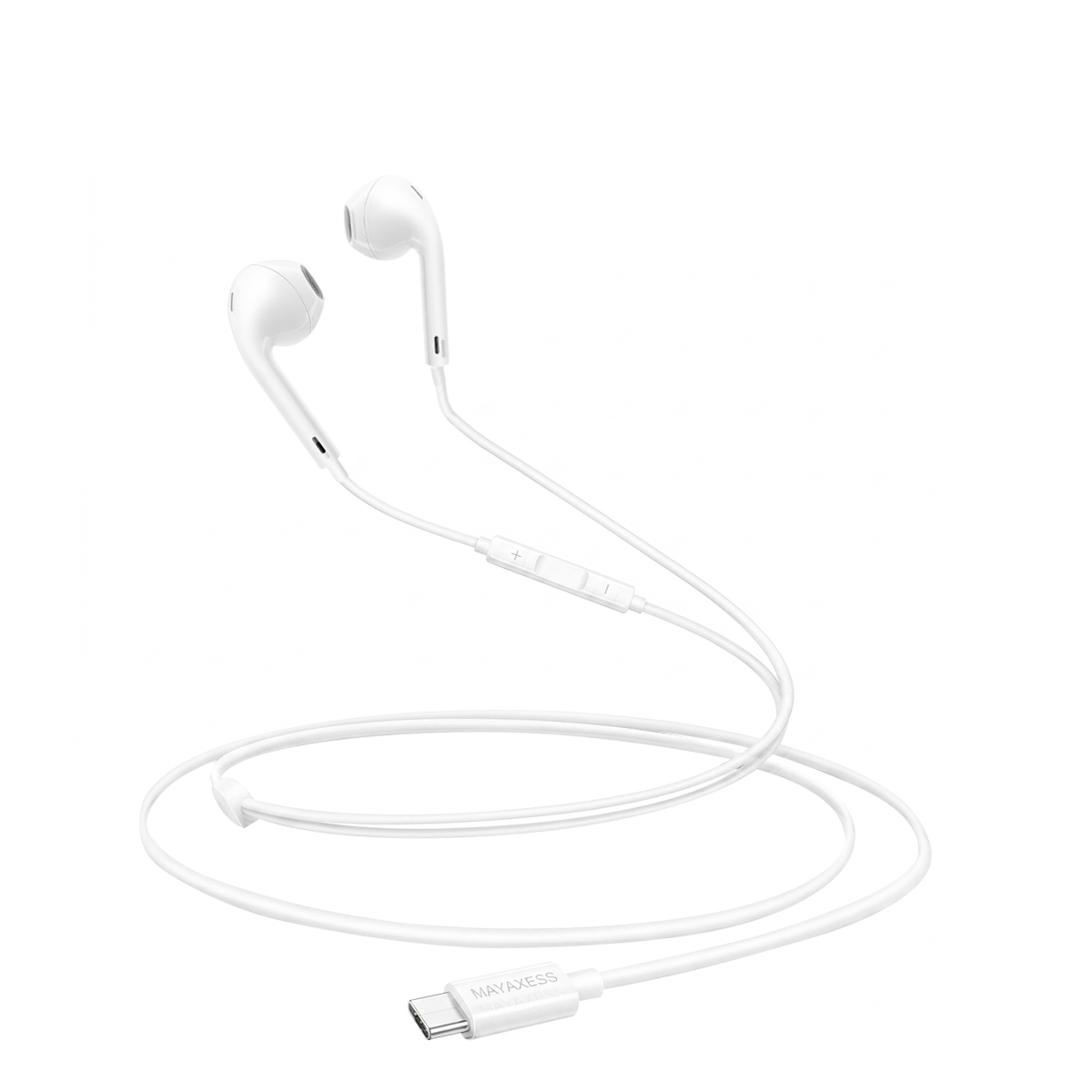 Auricolari bianchi con connettore USB-C e telecomando in linea su sfondo bianco.