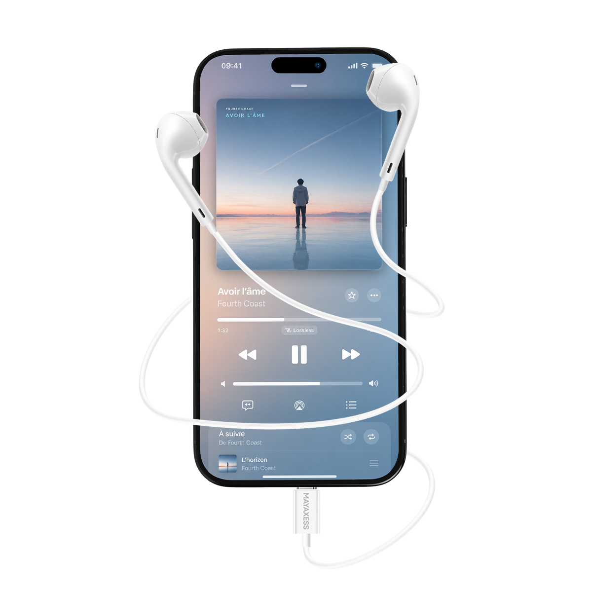 Auricolari bianchi collegati a un iPhone che riproduce musica, con copertina e controlli.
