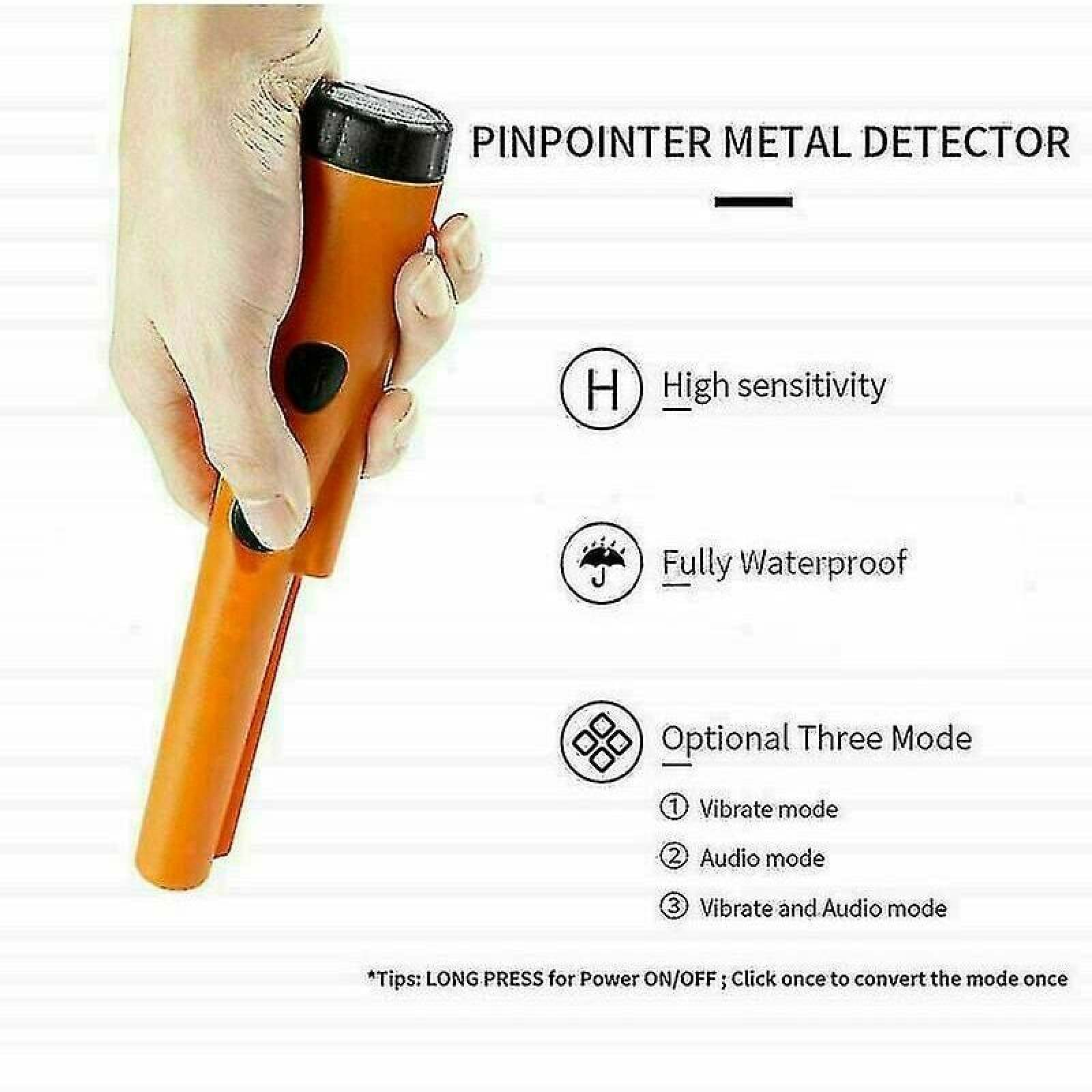 Eine Hand hält einen orangefarbenen Pinpointer-Metalldetektor mit schwarzen Akzenten.