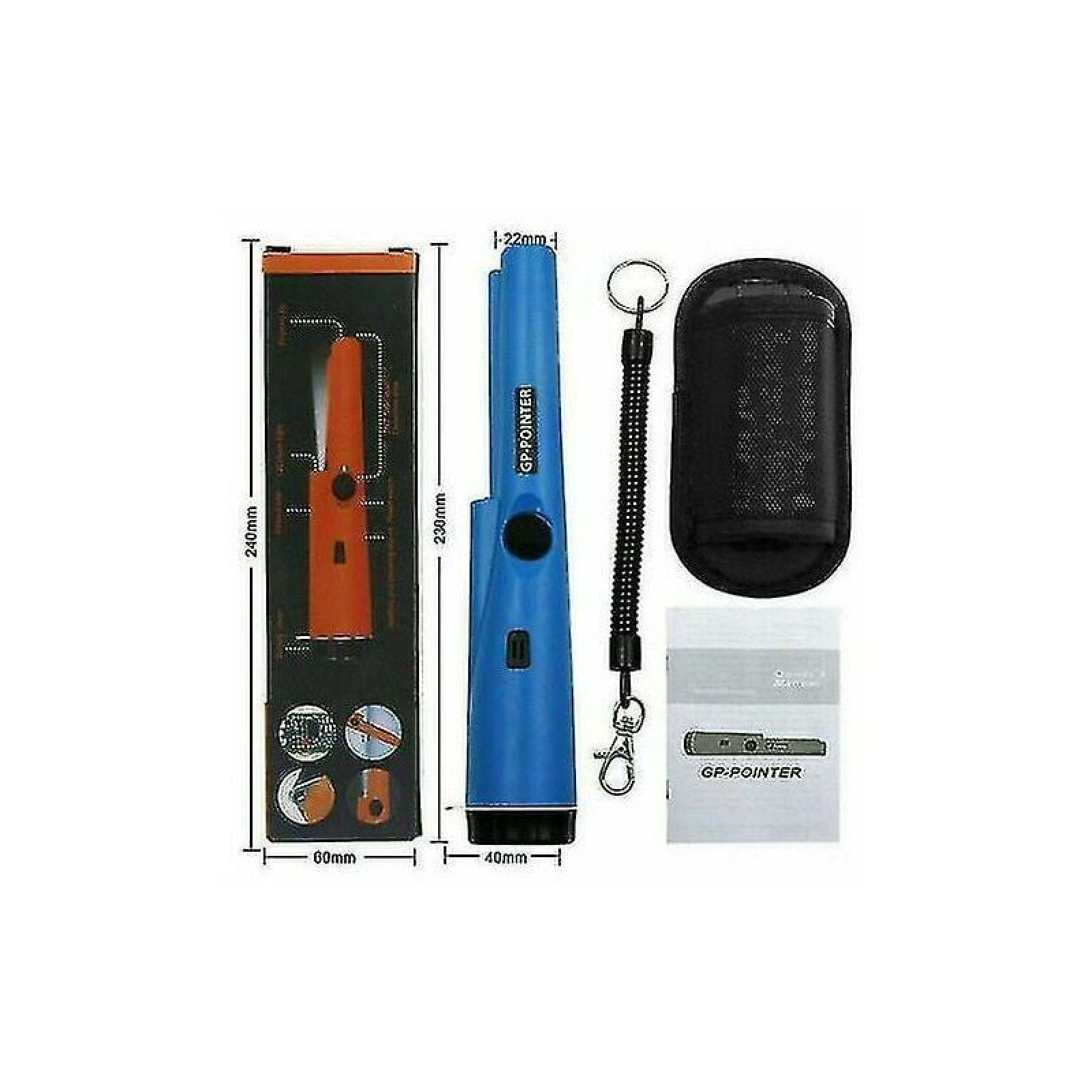 Ein blauer Metalldetektor mit Zubehör, darunter eine orangefarbene Verpackung und eine schwarze Tasche.