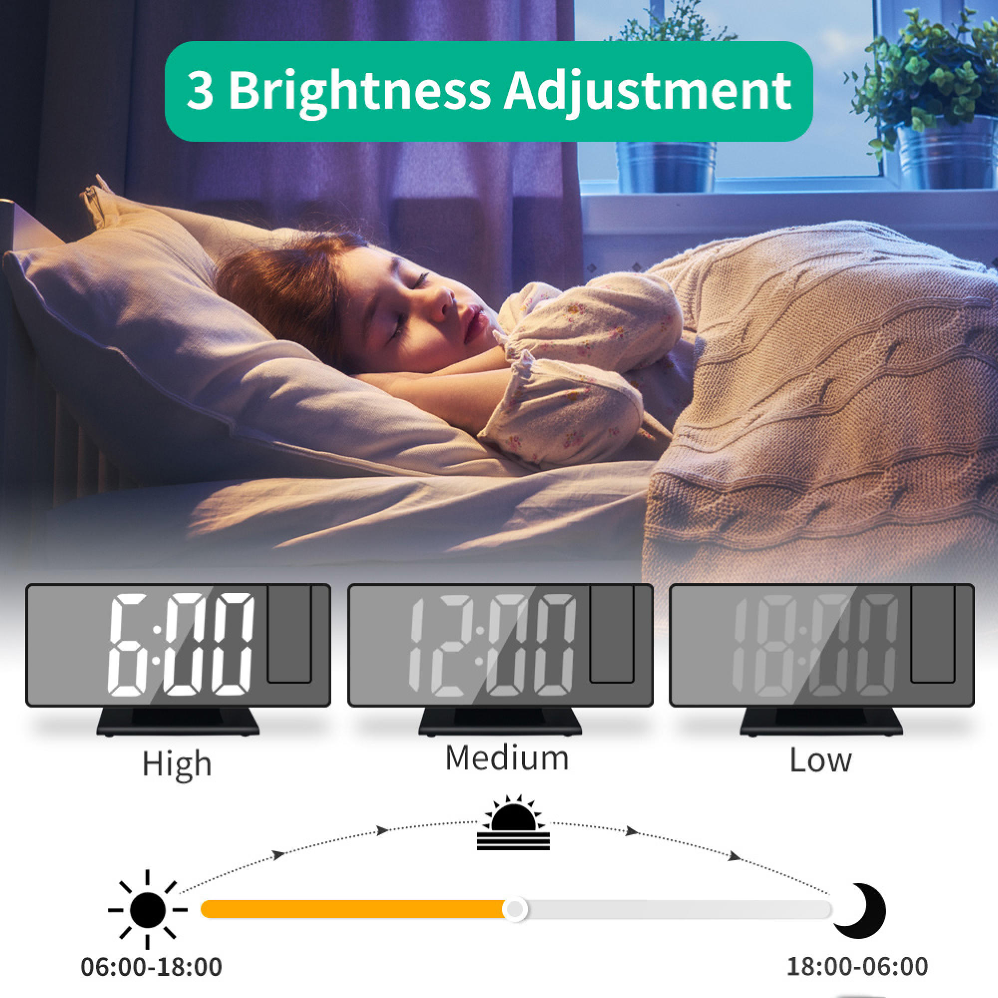 Kind schläft, digitale Uhren zeigen 6, 12, 18 Uhr. Helligkeitsregler.