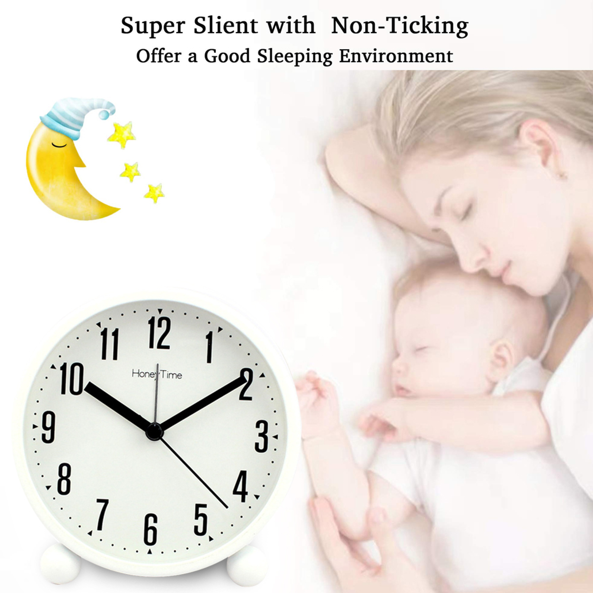 Ein weißer Wecker steht neben einer schlafenden Mutter und ihrem Baby.