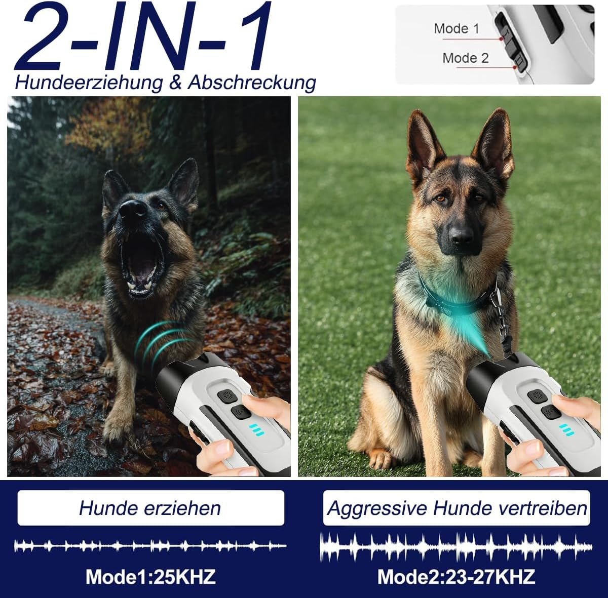 Zwei German Shepherds with a device. One barks, the other sits calmly.