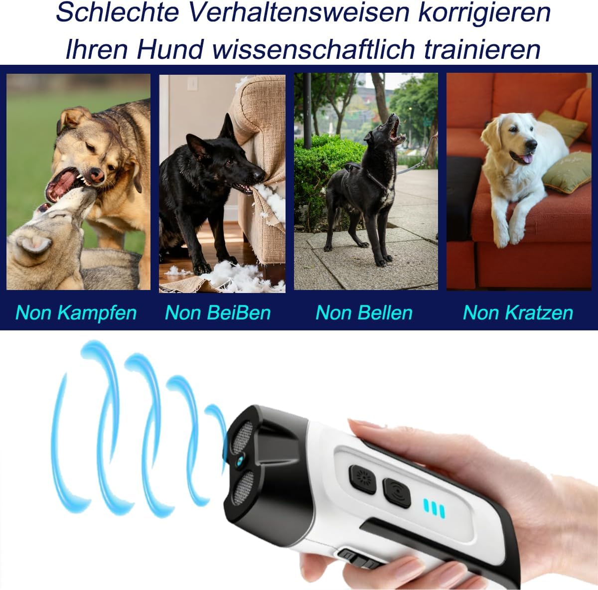 Hunde beißen, kämpfen, bellen, kratzen. Ultraschall-Gerät zur Korrektur.