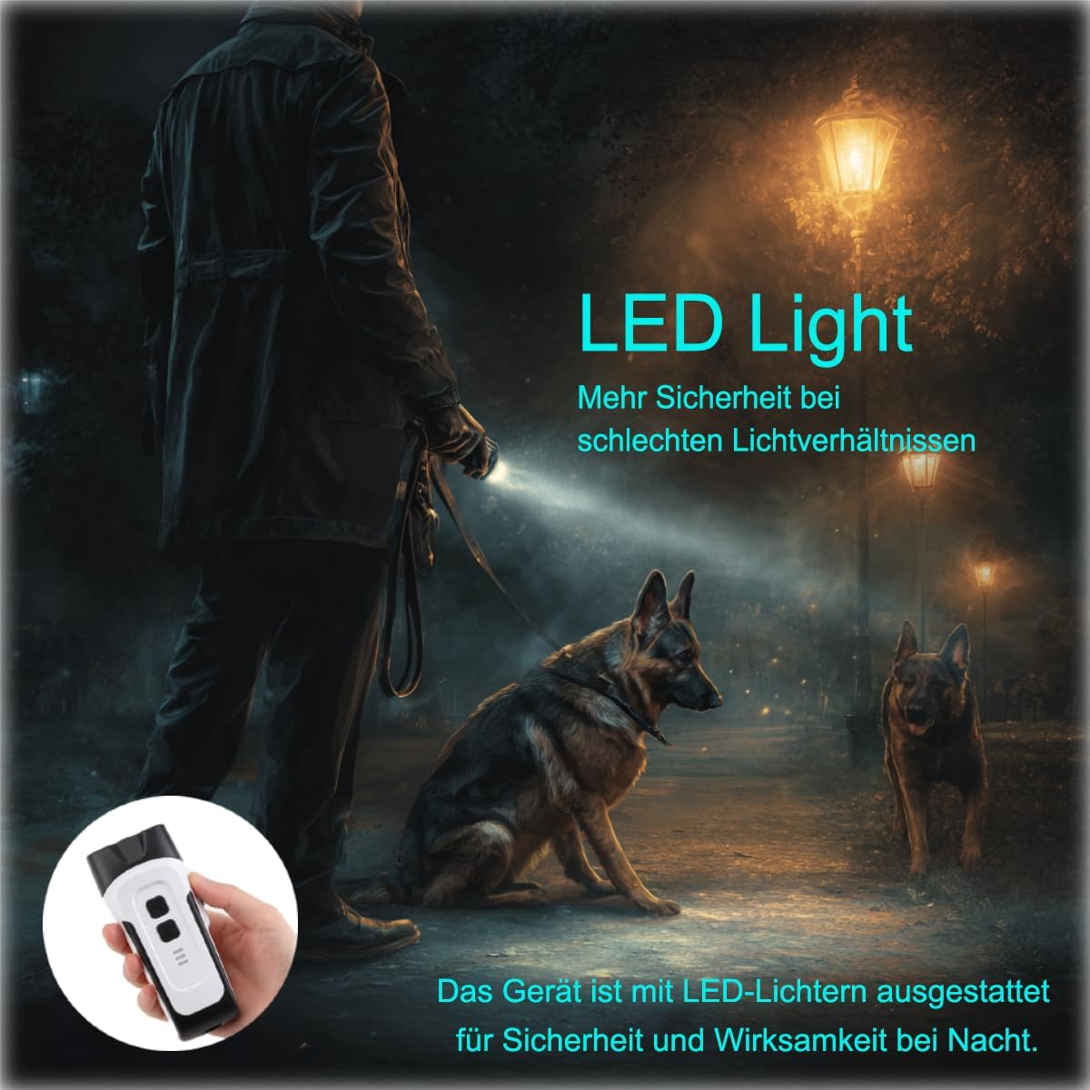 Mann mit Hund im Dunkeln, der eine Taschenlampe benutzt. LED-Licht.