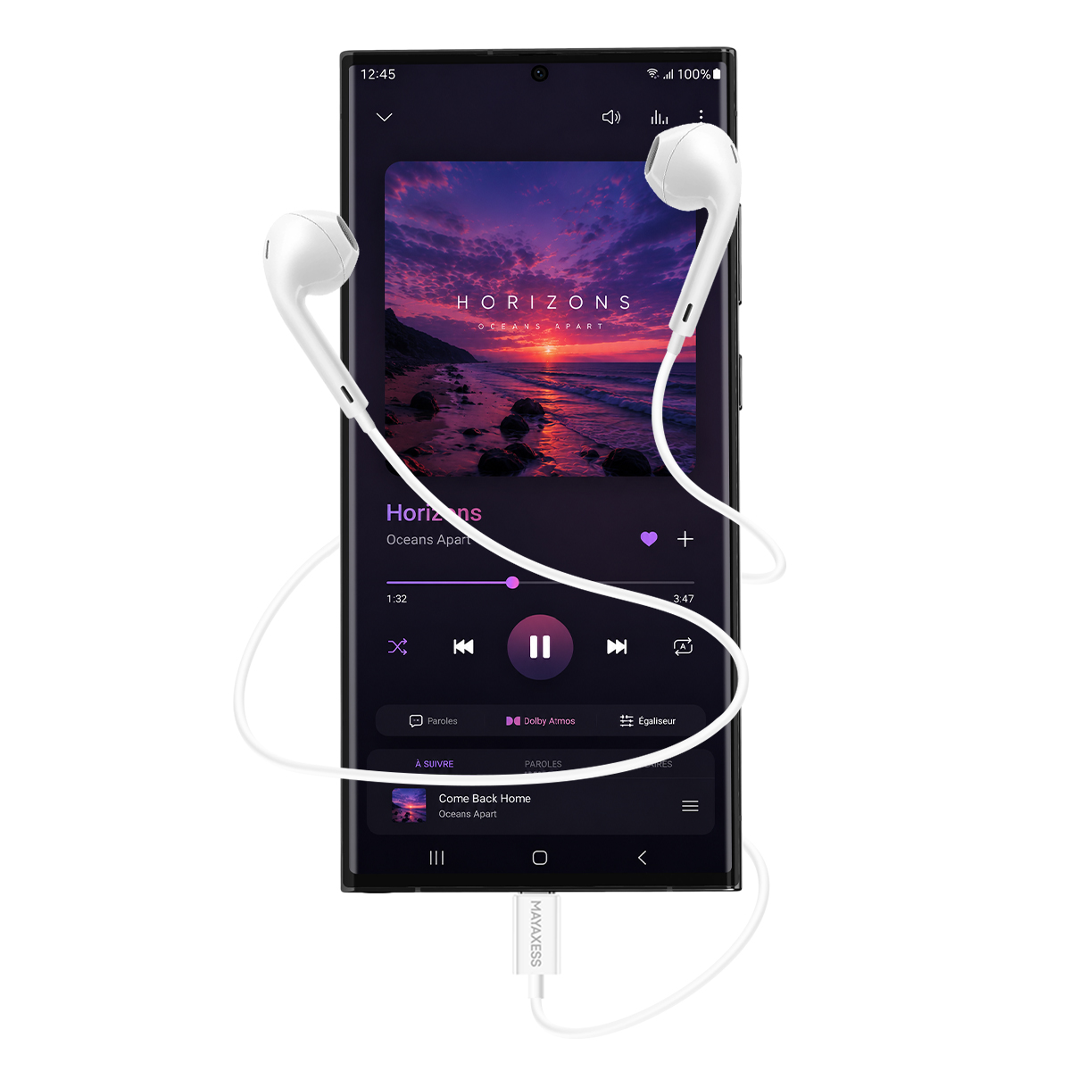 Uno smartphone con auricolari che mostra la riproduzione musicale.