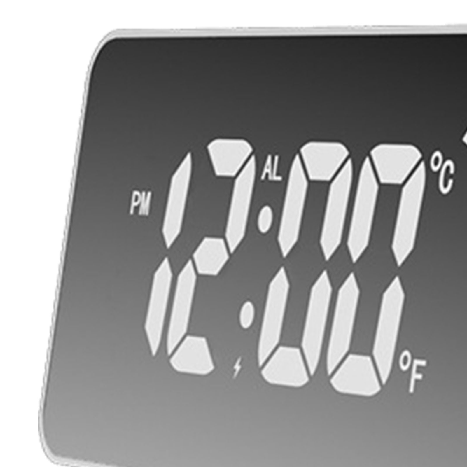 Digitaluhr zeigt 12:00 PM, AL, °C und °F an.