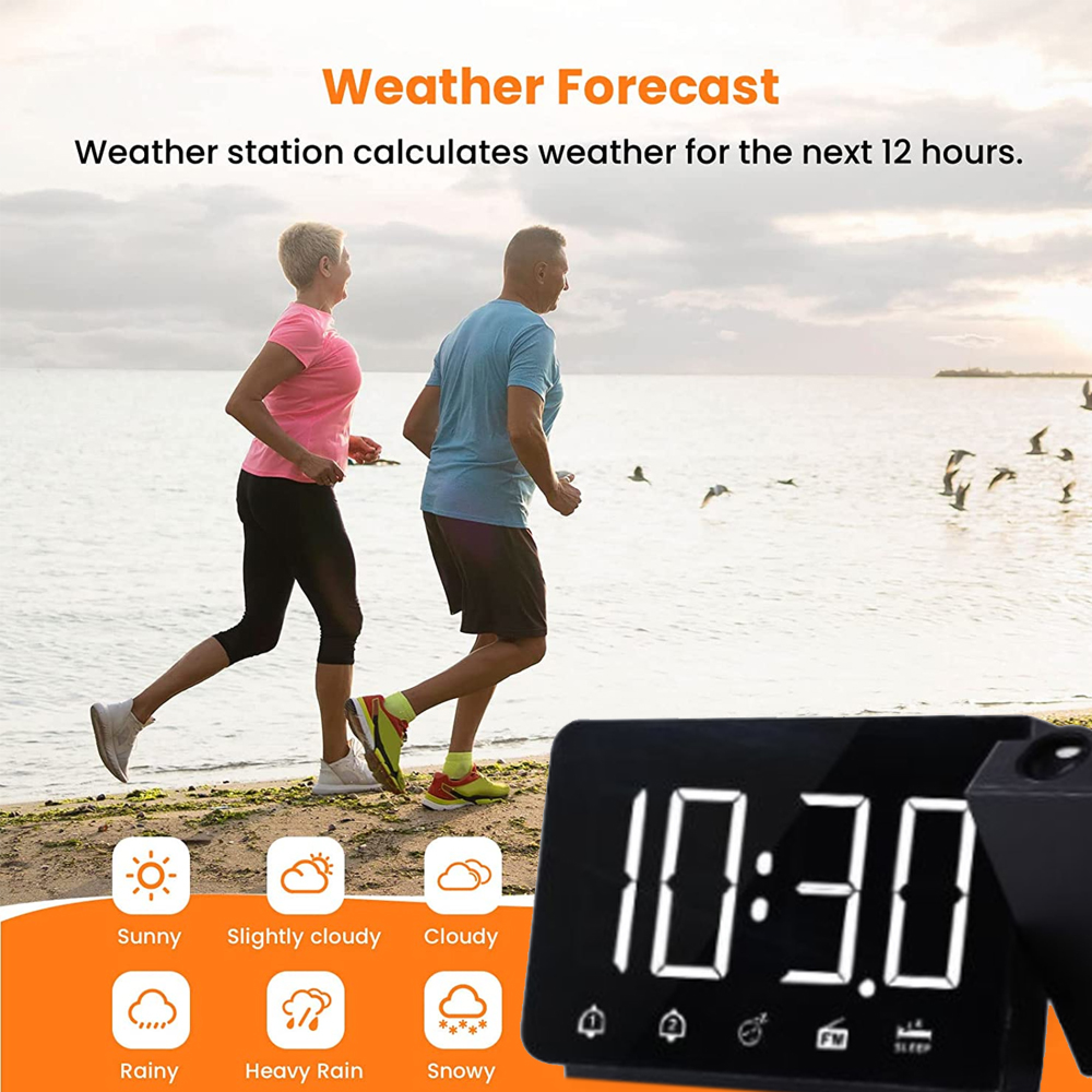 Ein Paar joggt am Strand, Wetterstation zeigt 10:30. Wettervorhersage-Icons.