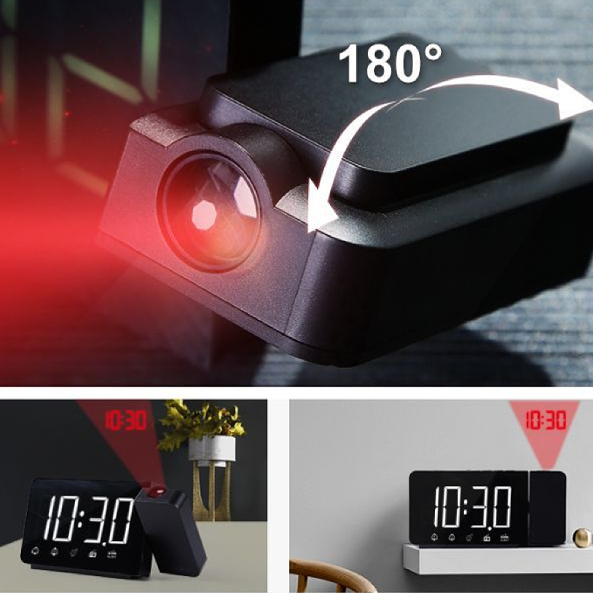 Ein digitaler Projektionswecker zeigt 10:30 Uhr. Rotes Licht projiziert die Zeit an die Wand.