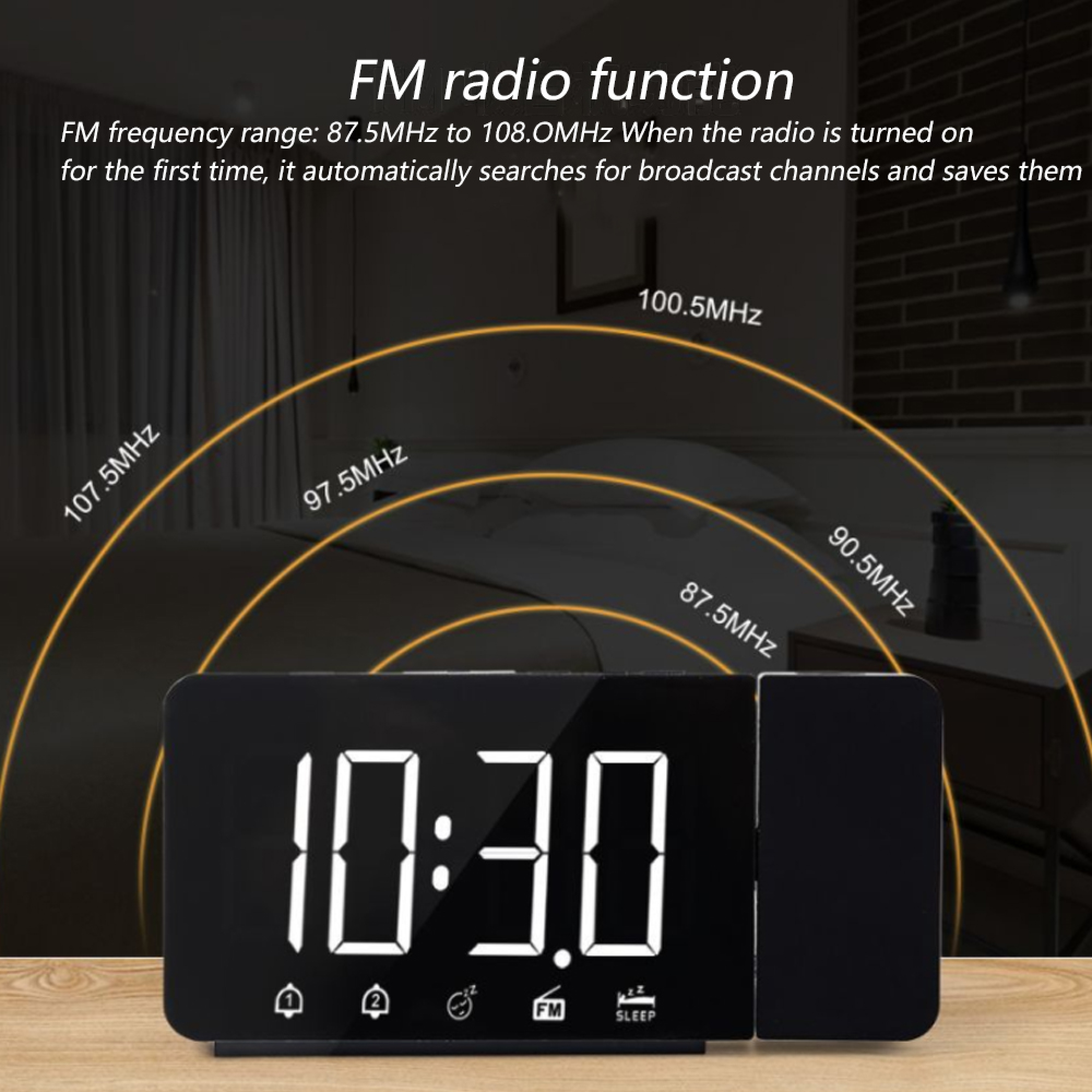 Ein digitaler Wecker zeigt 10:30 an, mit FM-Radiofunktion.