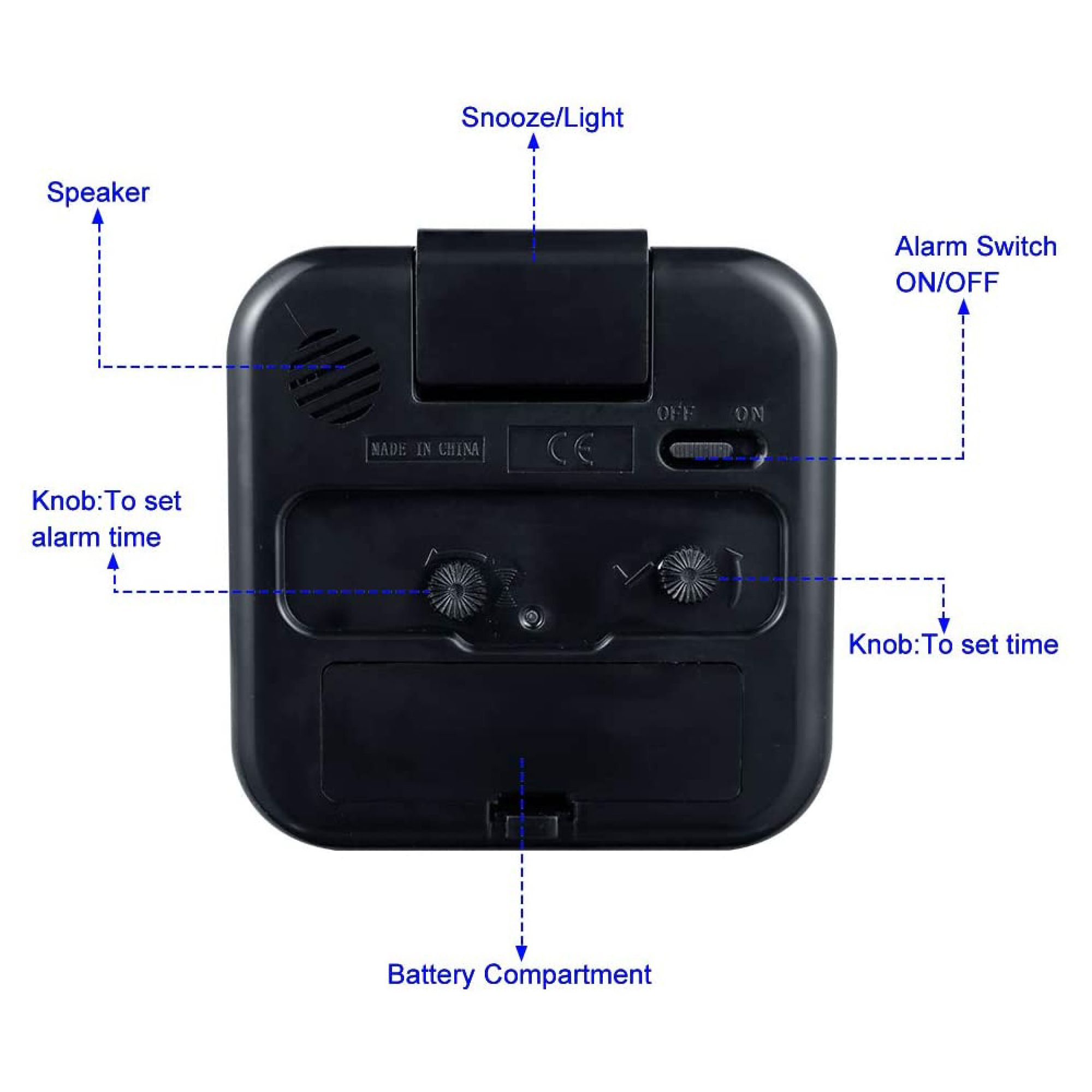 Rückseite eines schwarzen Weckers mit Beschriftungen für Lautsprecher, Schlummertaste, Ein/Aus-Schalter und Batteriefach.