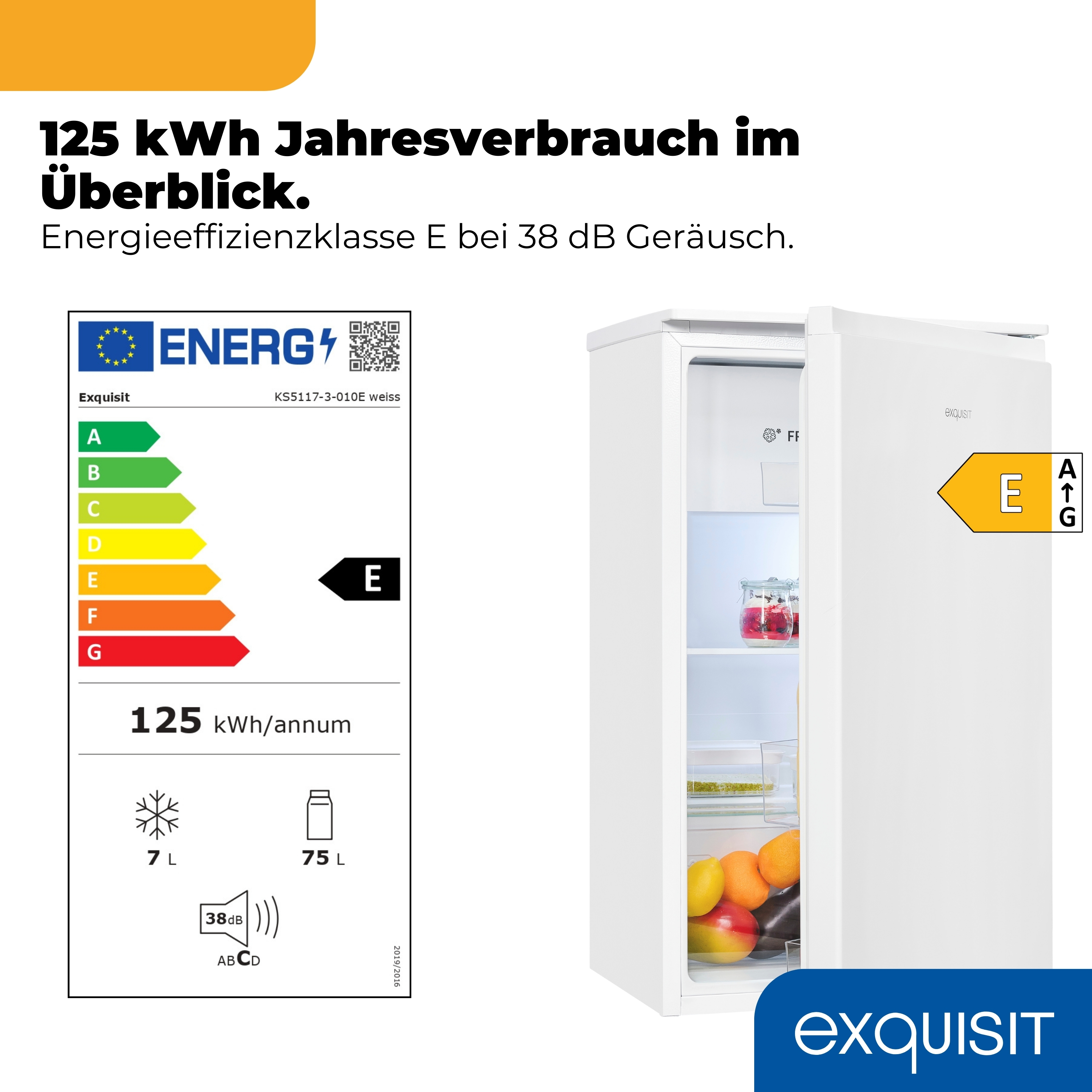 Ein weißer Kühlschrank mit Energie-Label Klasse E, 125 kWh/Jahr.