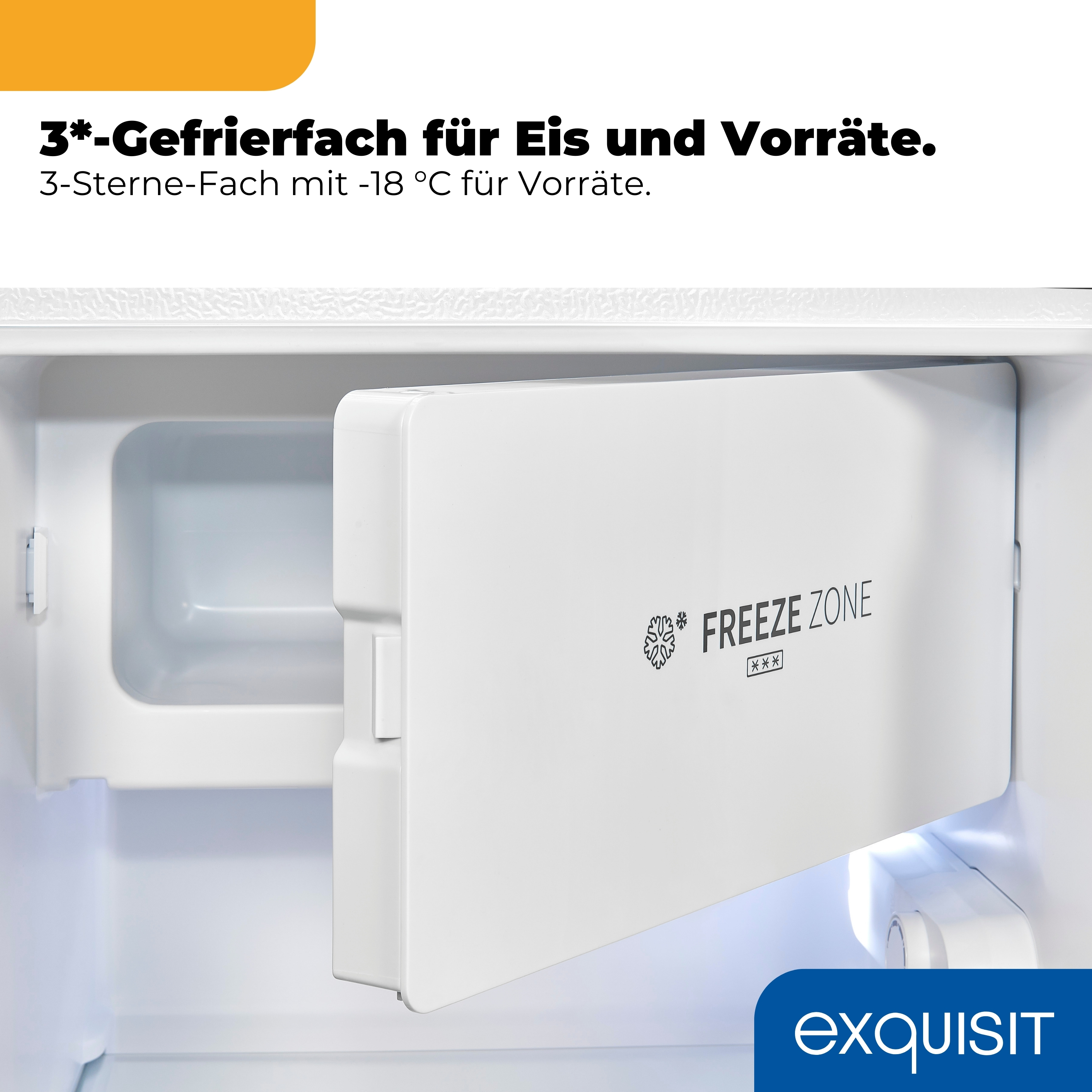 Ein weißes Gefrierfach mit der Aufschrift "FREEZE ZONE" und drei Sternen.