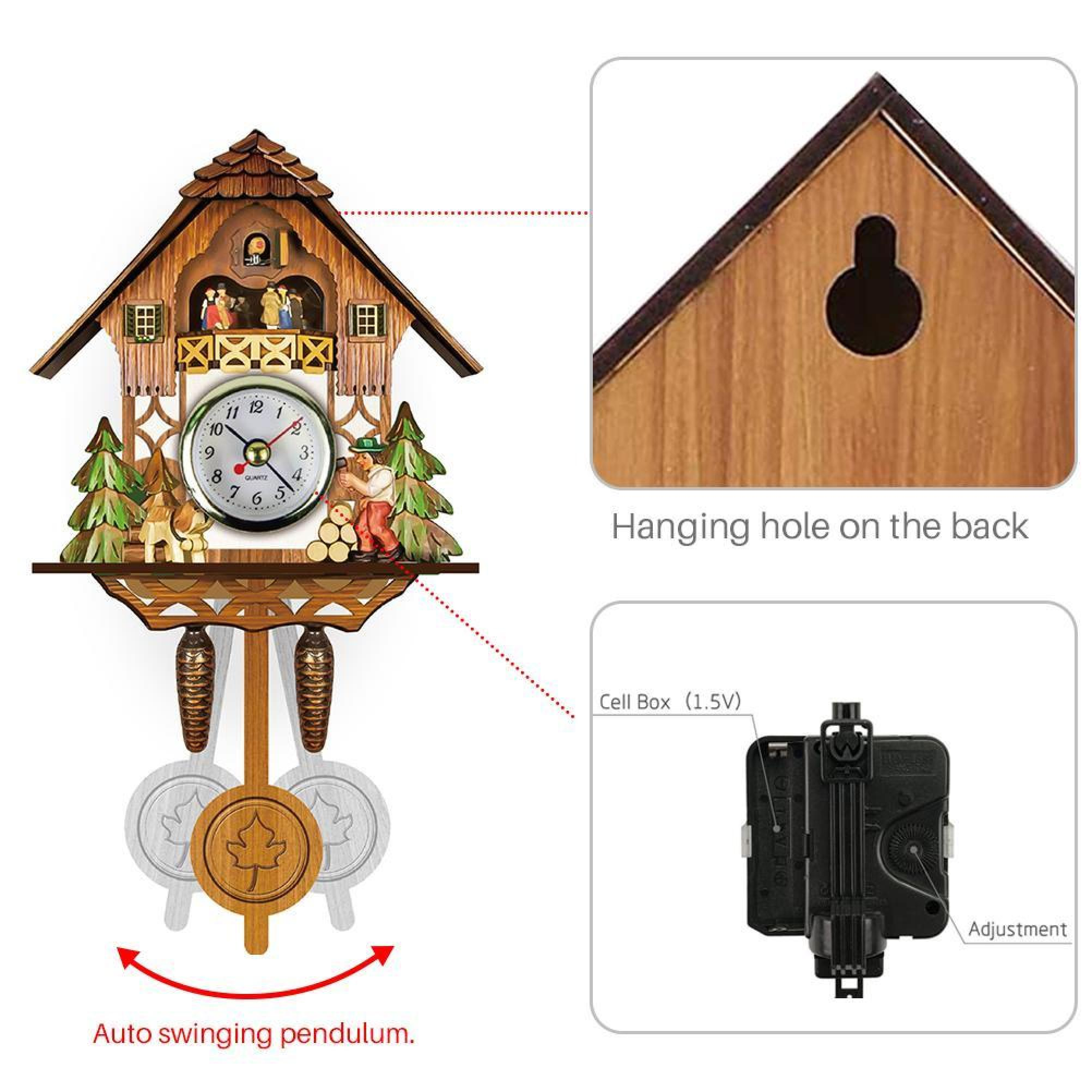 Holz-Kuckucksuhr mit Figuren, Pendel und Uhrwerk. Rückseite mit Aufhängeöse.
