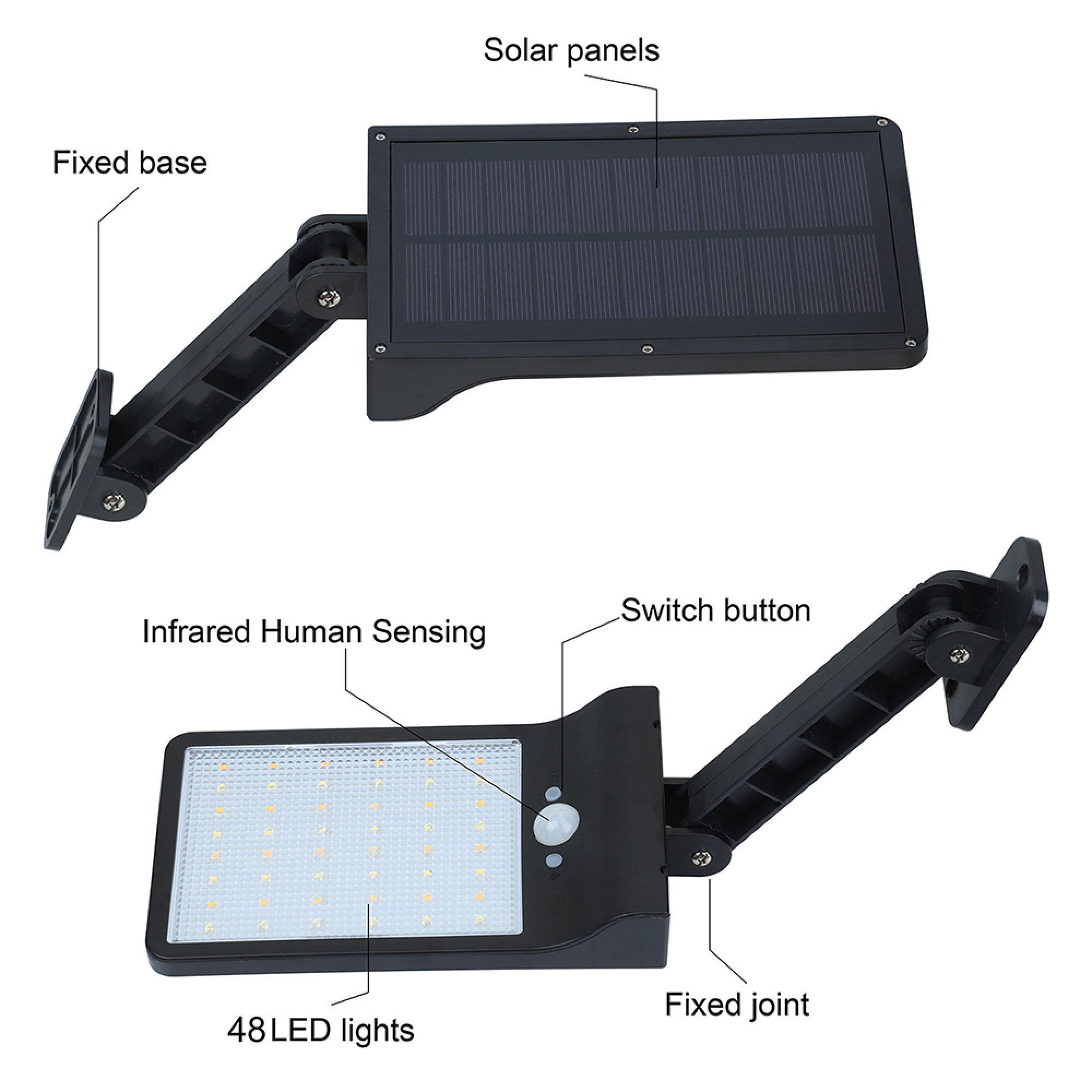 Zwei Ansichten einer schwarzen solarbetriebenen Leuchte mit 48 LEDs, Solarmodulen und Bewegungssensor.