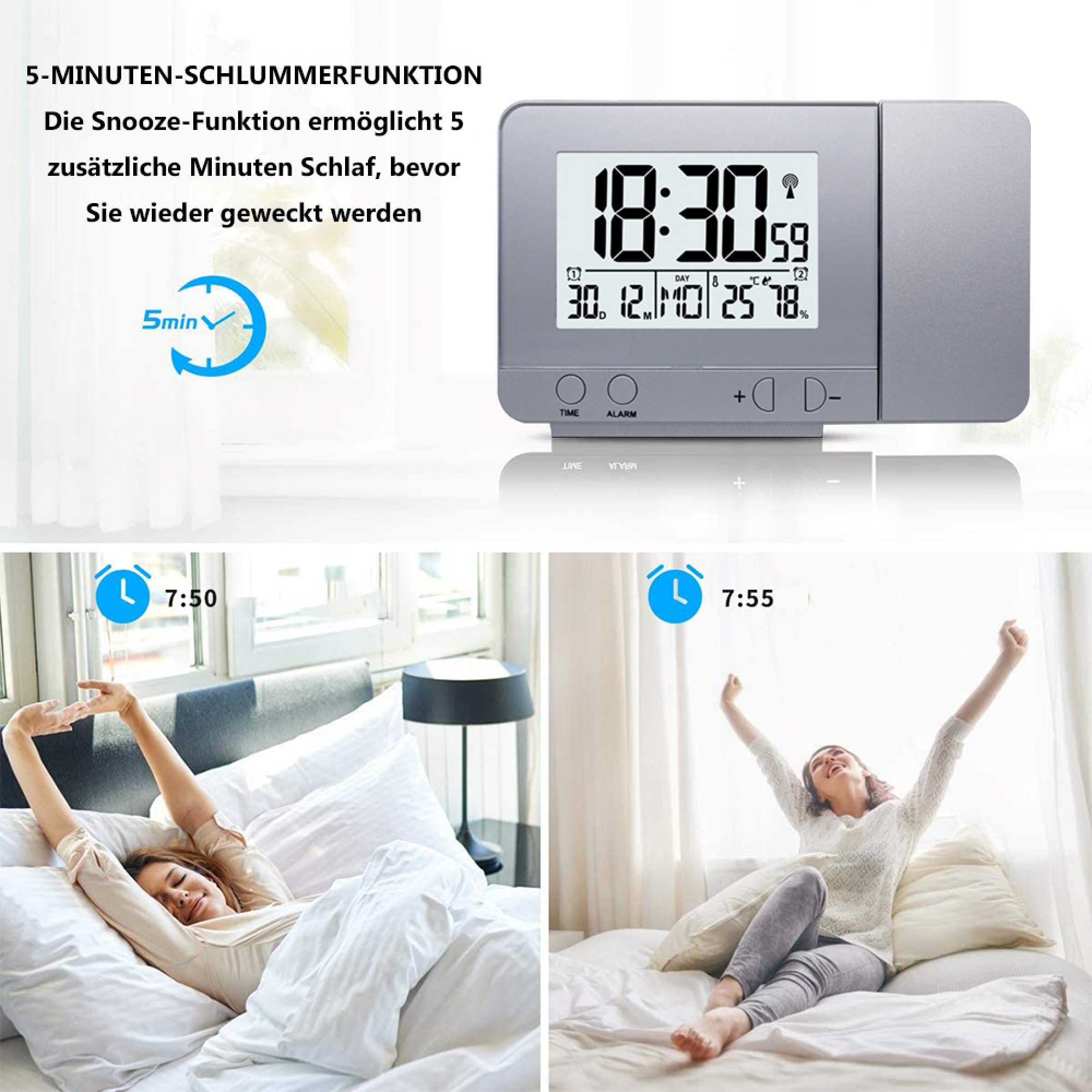Ein digitaler Wecker mit Snooze-Funktion und zwei Szenen: Frau streckt sich im Bett.
