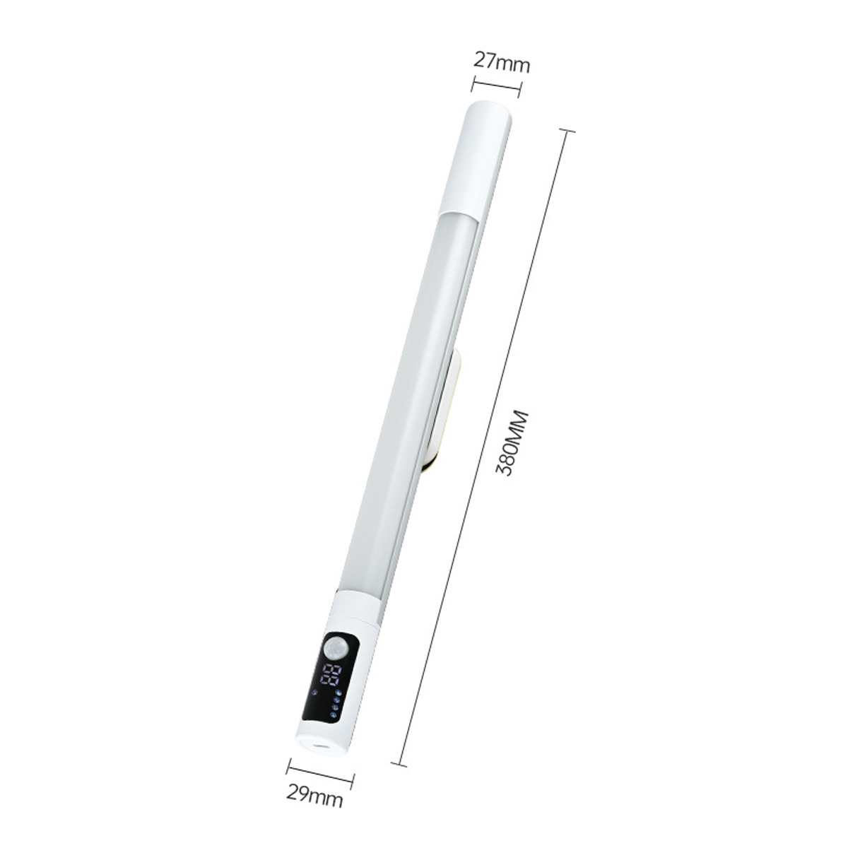 Ein weißer Stab mit Display und Maßen 380mm x 27mm x 29mm.