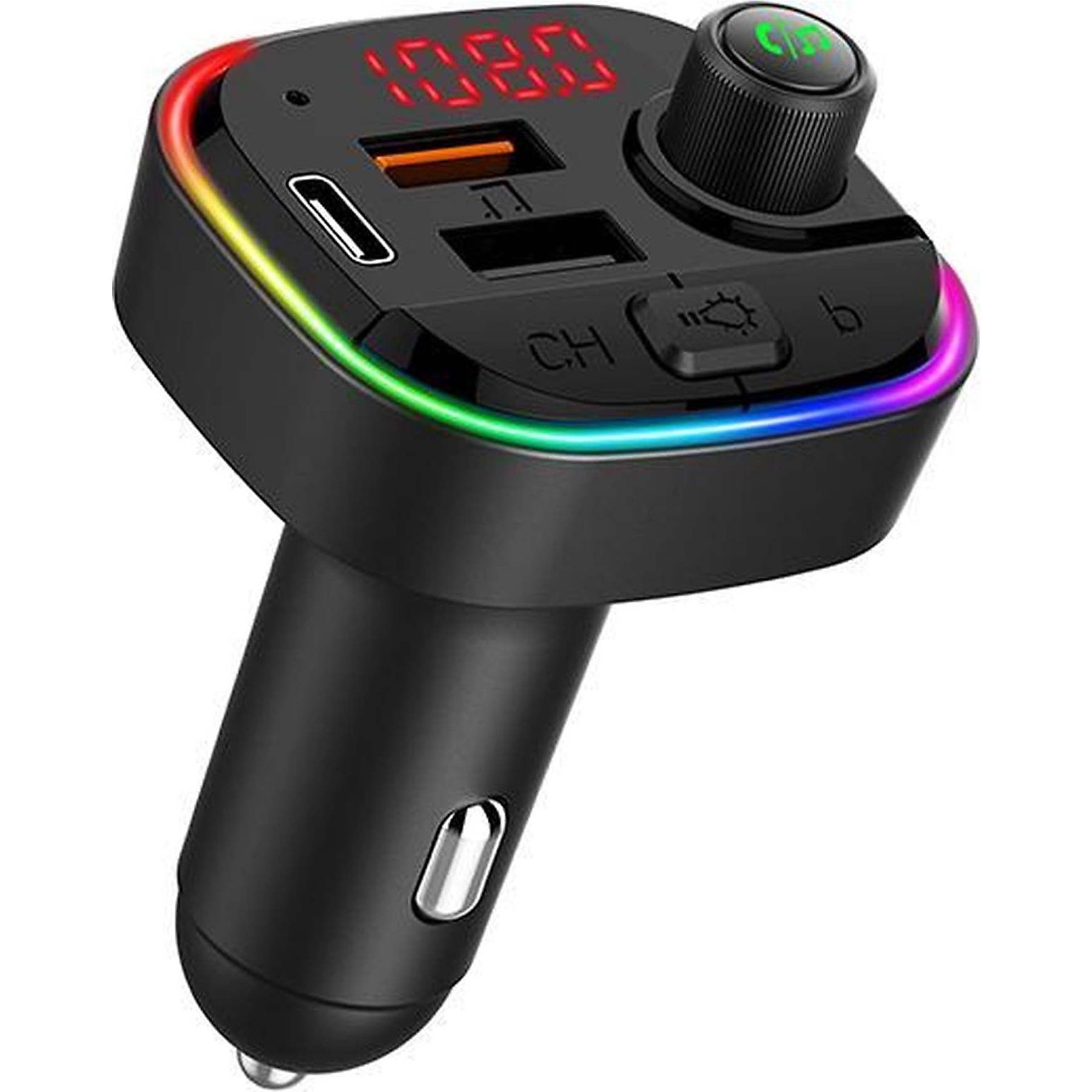 Schwarzer KFZ-Ladegerät mit USB-Anschlüssen, rotem Display und farbigem Lichtring.