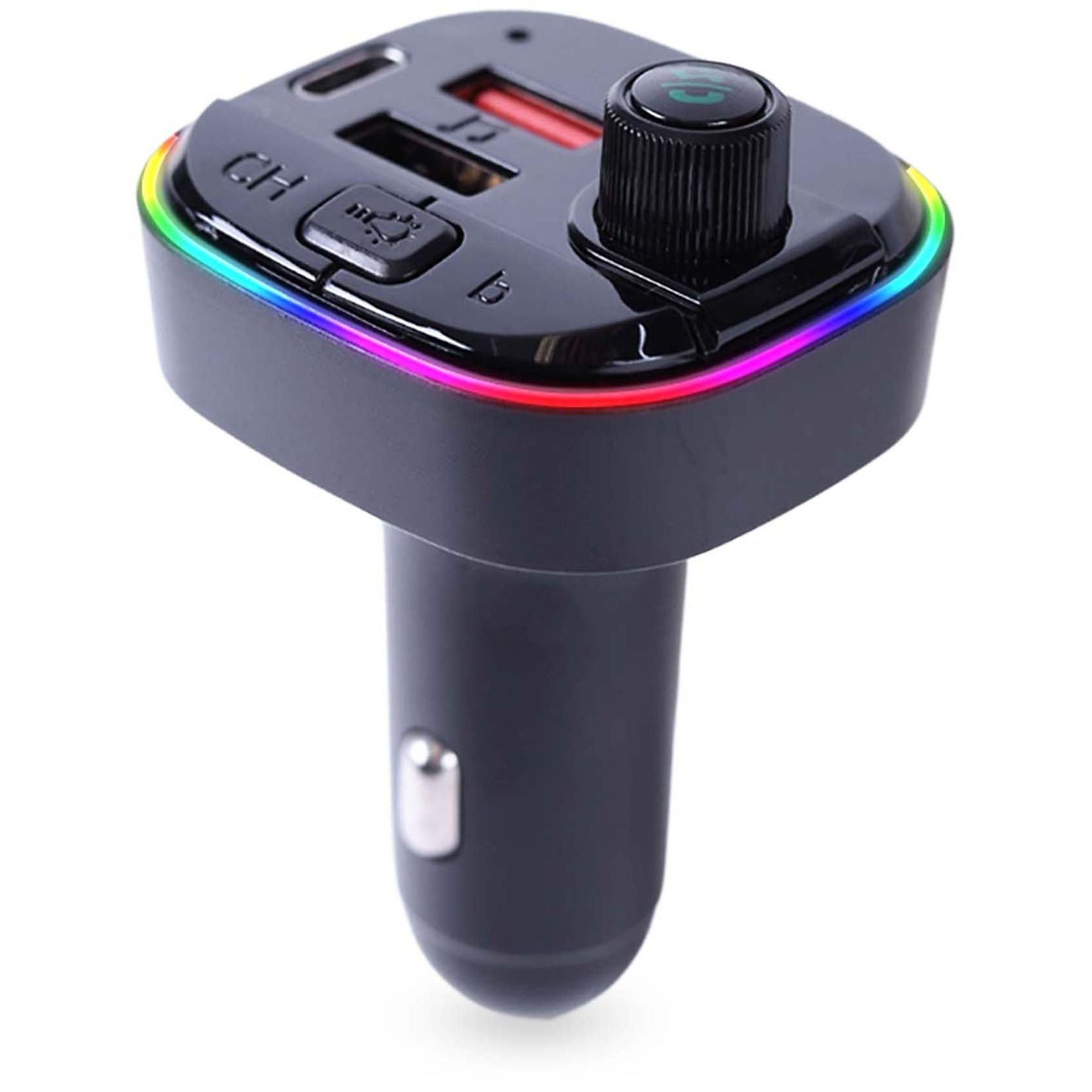 Schwarzer Zigarettenanzünder-Adapter mit Regenbogen-LED-Rand, zwei USB-Anschlüssen und einem Knopf.