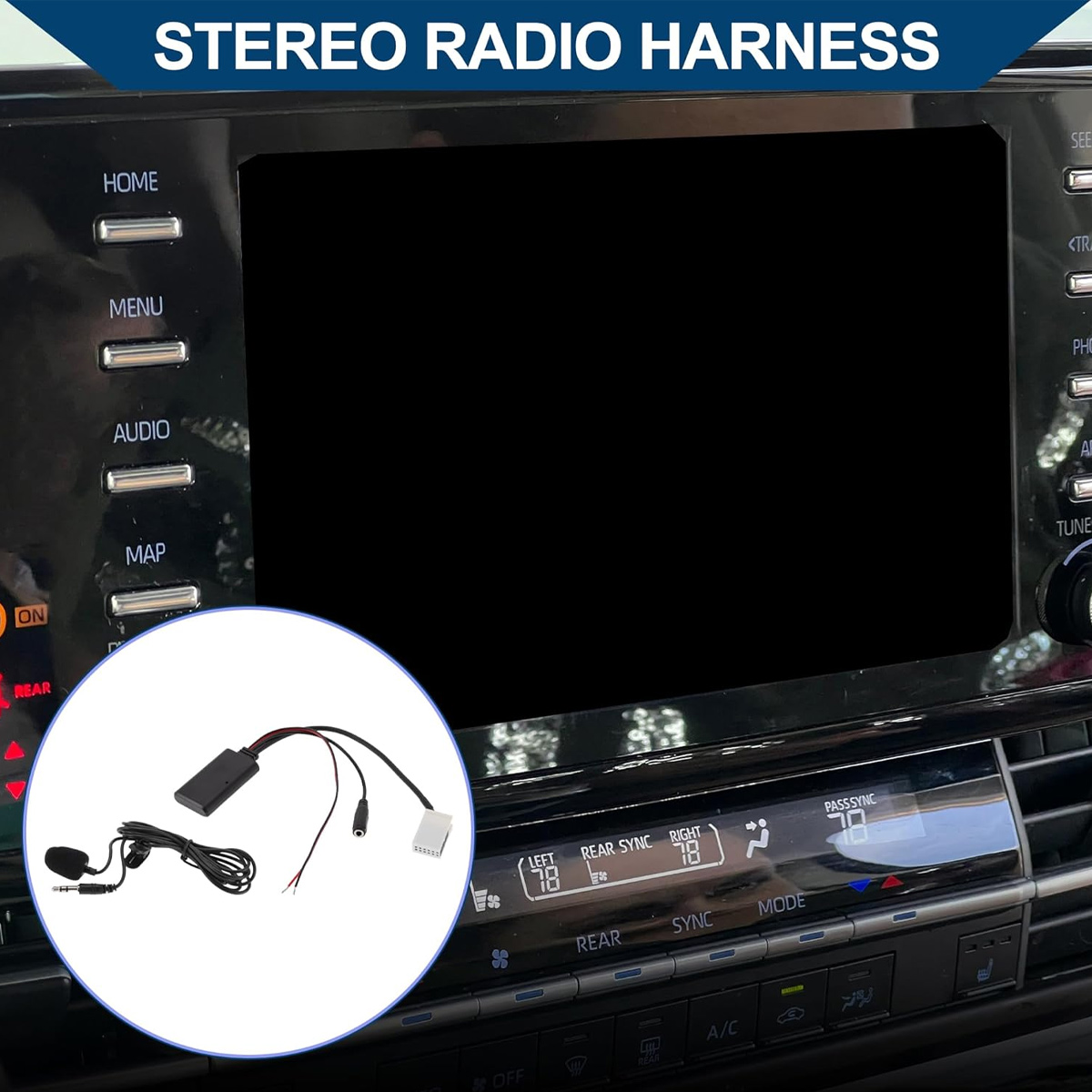 Stereo-Radio-Kabelbaum mit Mikrofon und Adapter für Auto-Infotainmentsystem.
