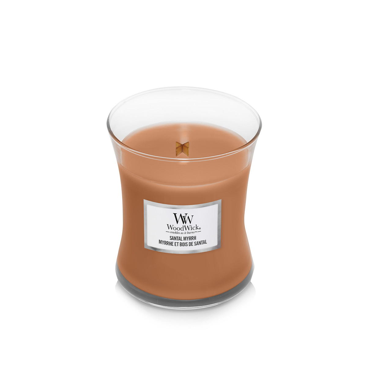 Ein brauner WoodWick-Duftkerze mit Holzdocht in einem Glasgefäß.