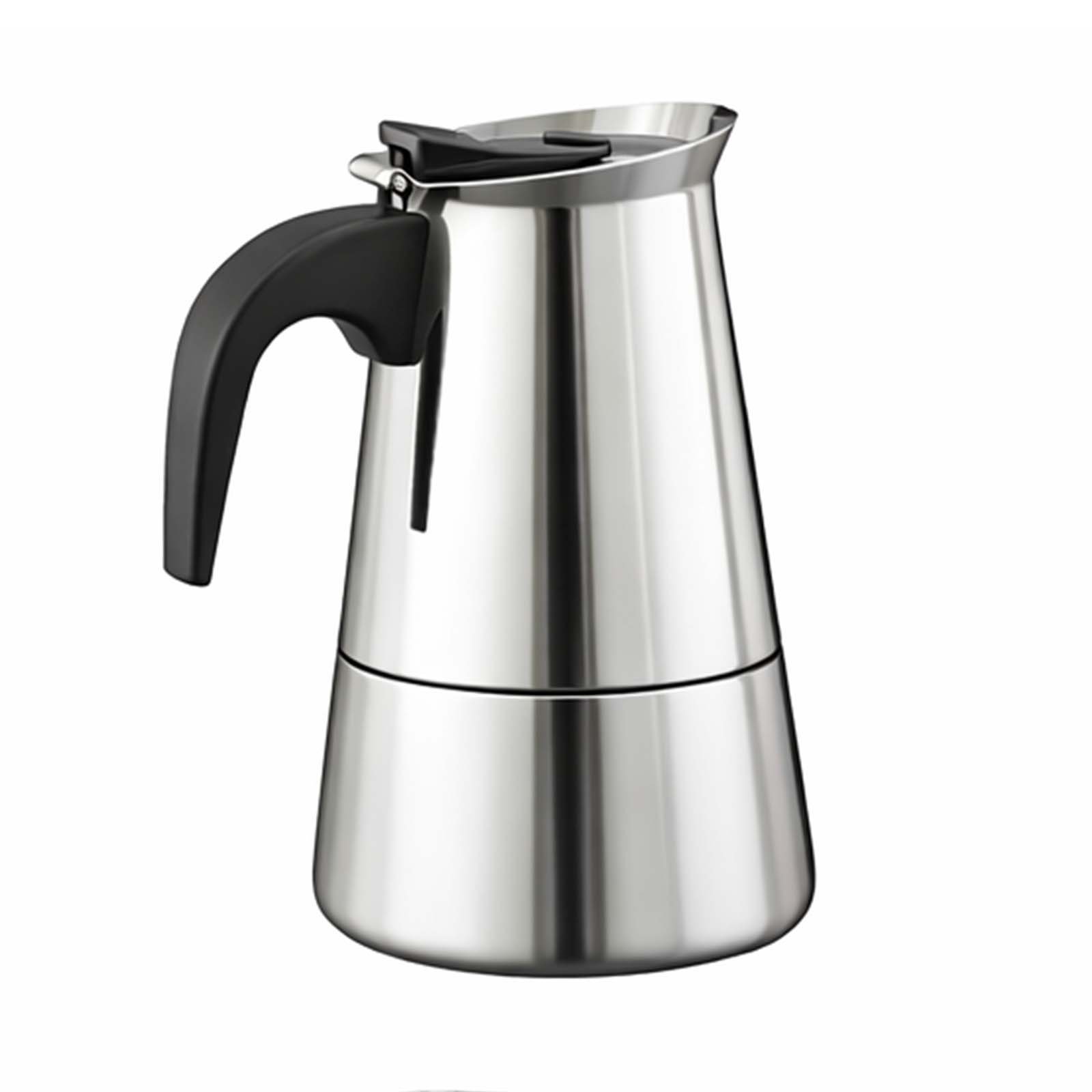 Eine glänzende silberne Kaffeekanne mit schwarzem Griff und Deckel auf weißem Hintergrund.