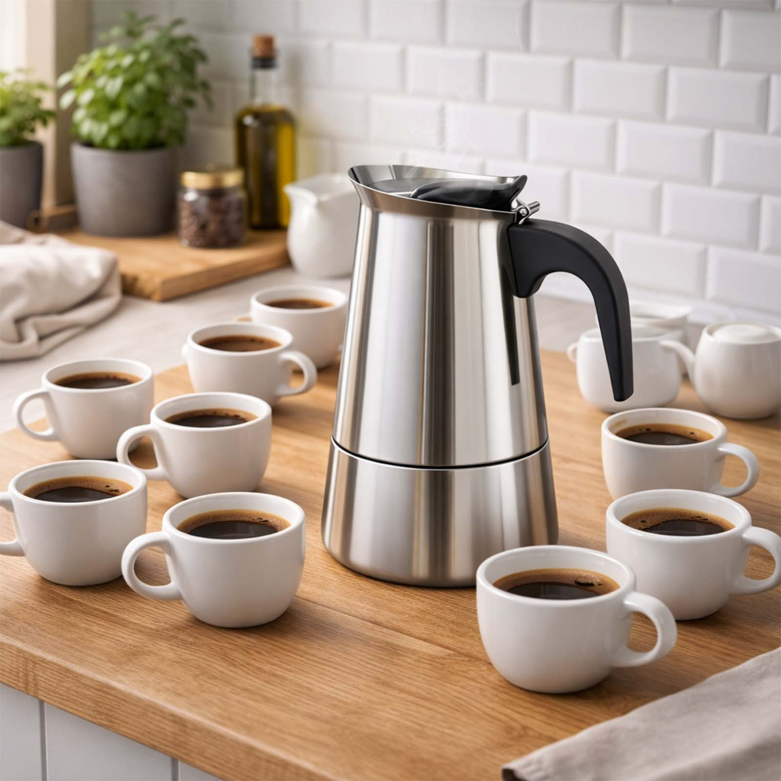 Eine silberne Espressokanne mit Dampf steht auf einem Holztisch, umgeben von weißen Kaffeetassen.