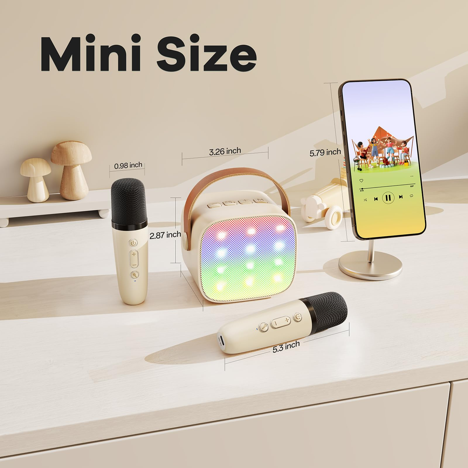 Mini-Karaoke-Set mit beleuchtetem Lautsprecher, zwei Mikrofonen und Handy.