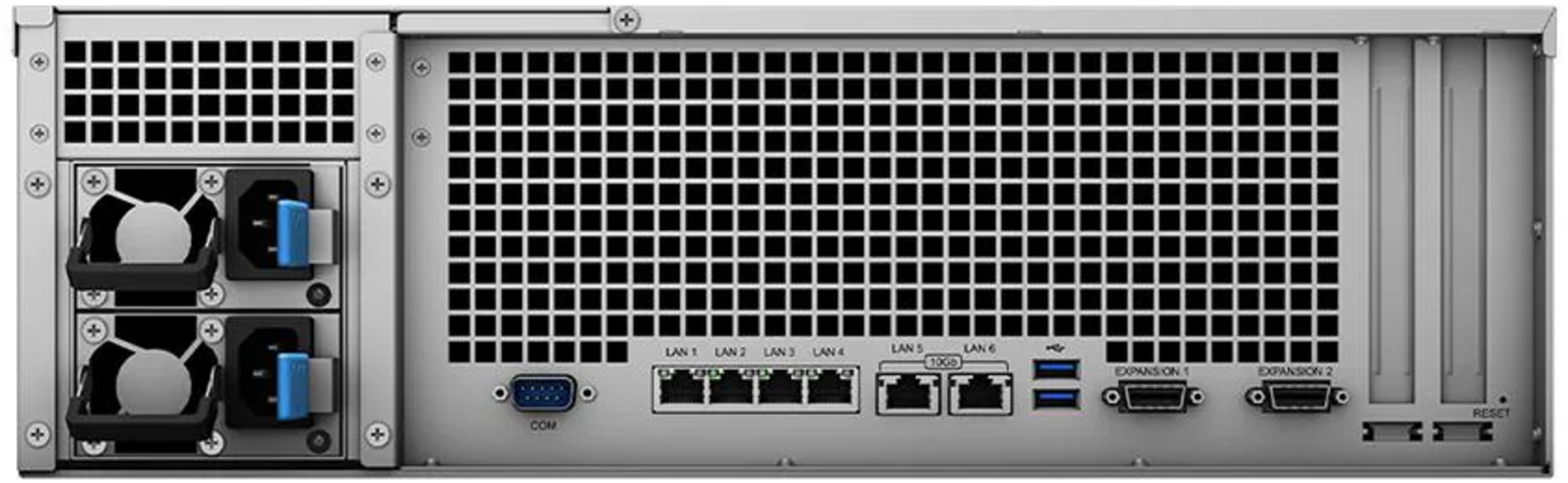 Rückseite eines Servers mit Lüftern, Anschlüssen: COM, LAN, USB, Expansion.