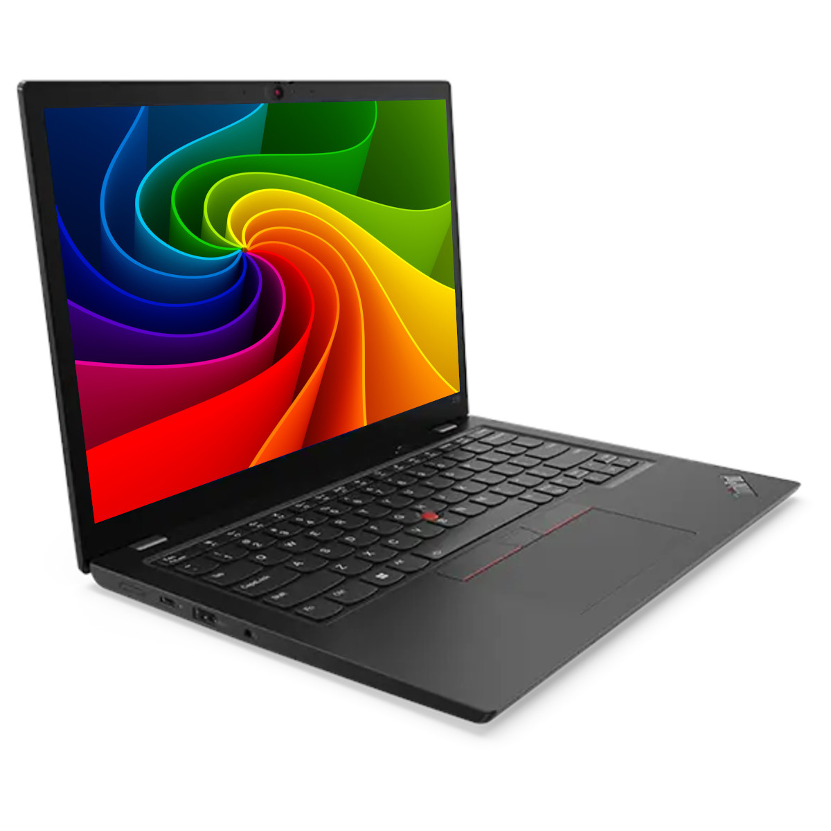 Ein schwarzer Laptop mit buntem, wirbelndem Bildschirm auf weißem Hintergrund.