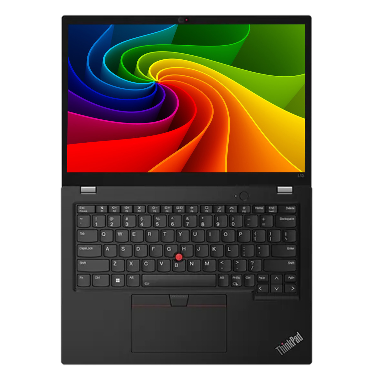 Schwarzer Laptop mit offenem Bildschirm, der ein abstraktes, farbenfrohes Wirbelmuster zeigt.