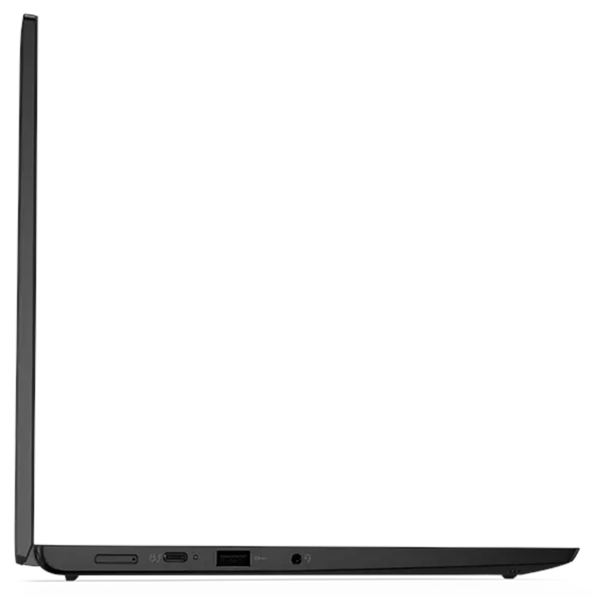 Seitenansicht eines schwarzen Laptops mit USB-C, USB-A und Kopfhöreranschluss.