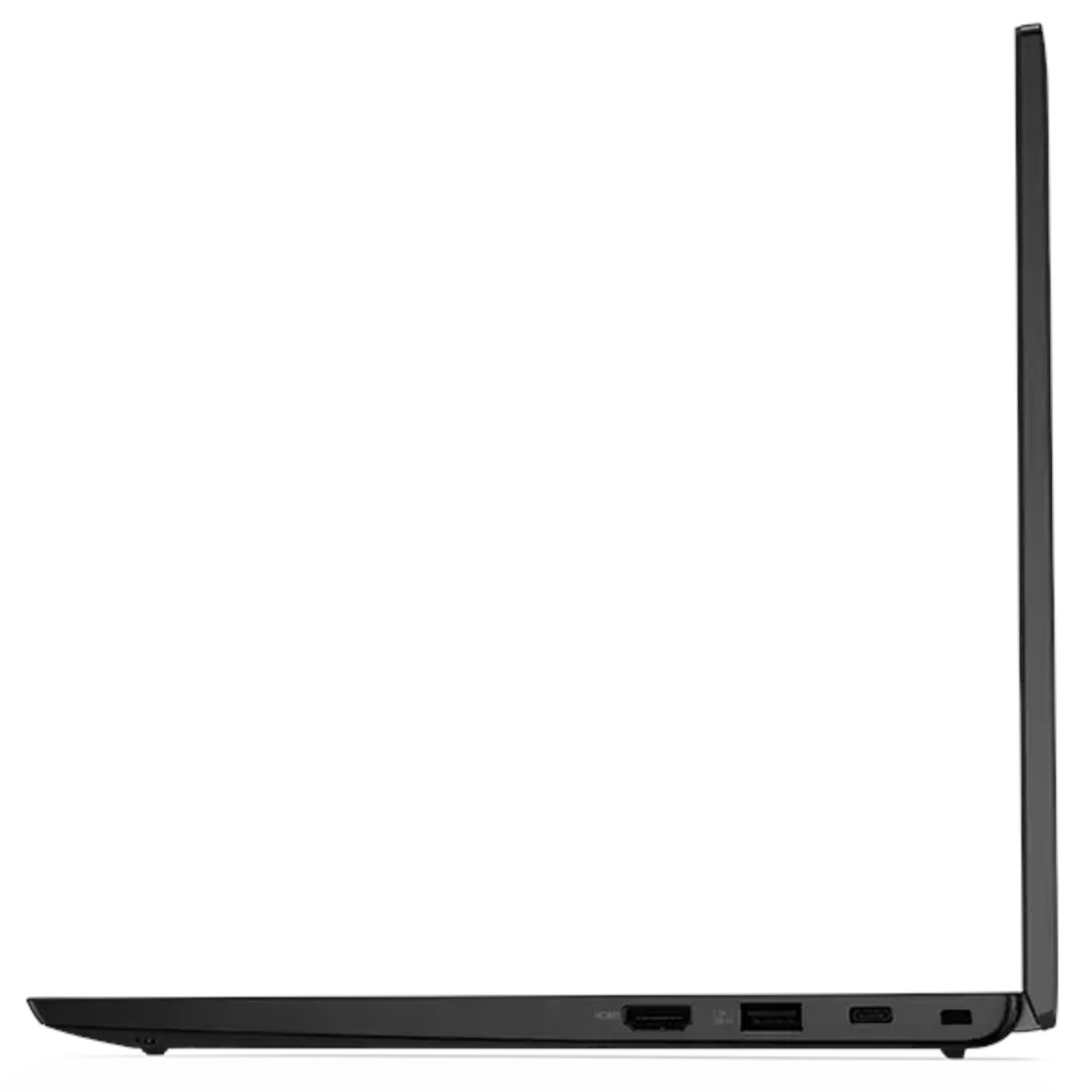 Schwarzer Laptop im Seitenprofil mit Anschlüssen an der Seite.