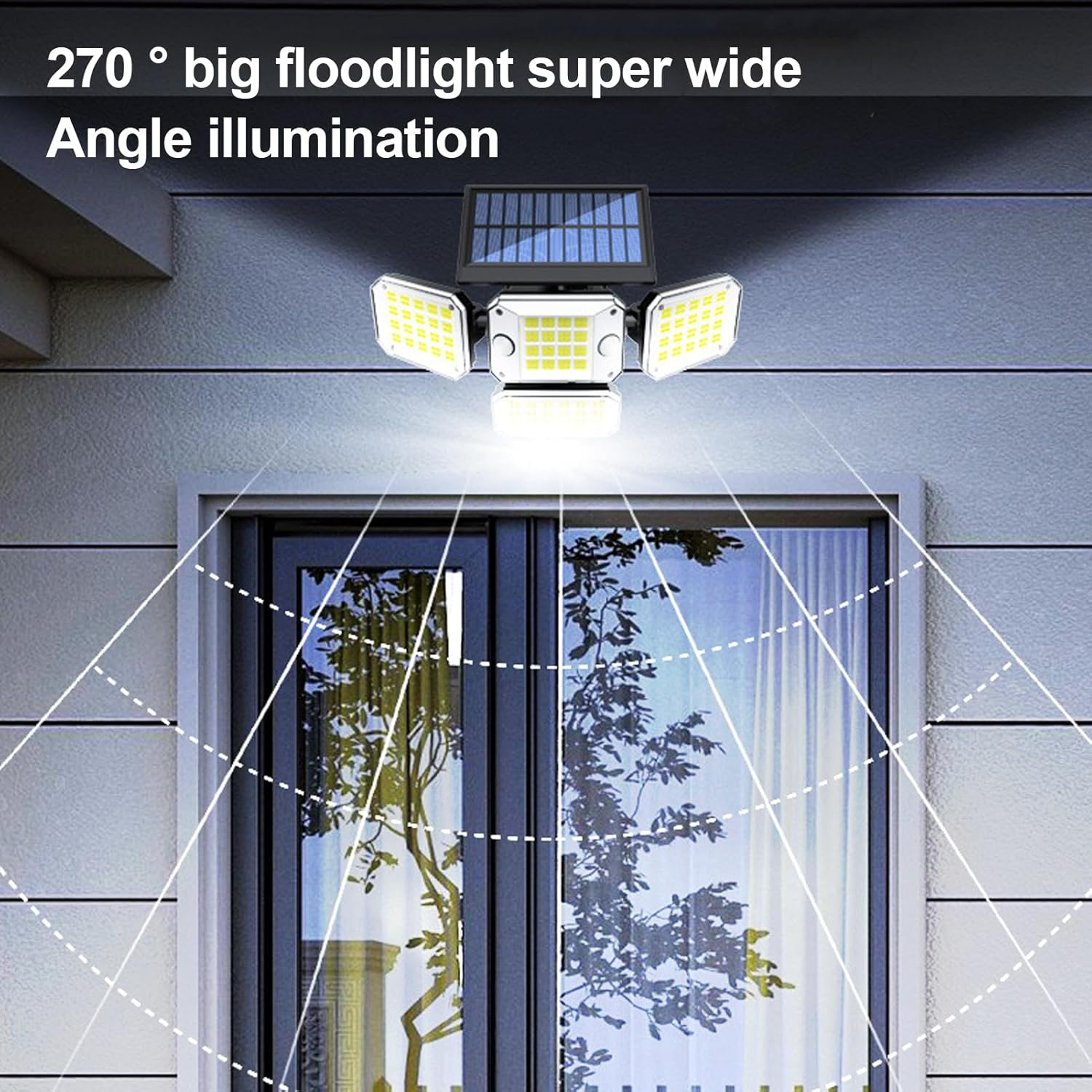 Solar-Flutlicht mit 3 Köpfen beleuchtet ein Fenster und einen Baum im Freien.