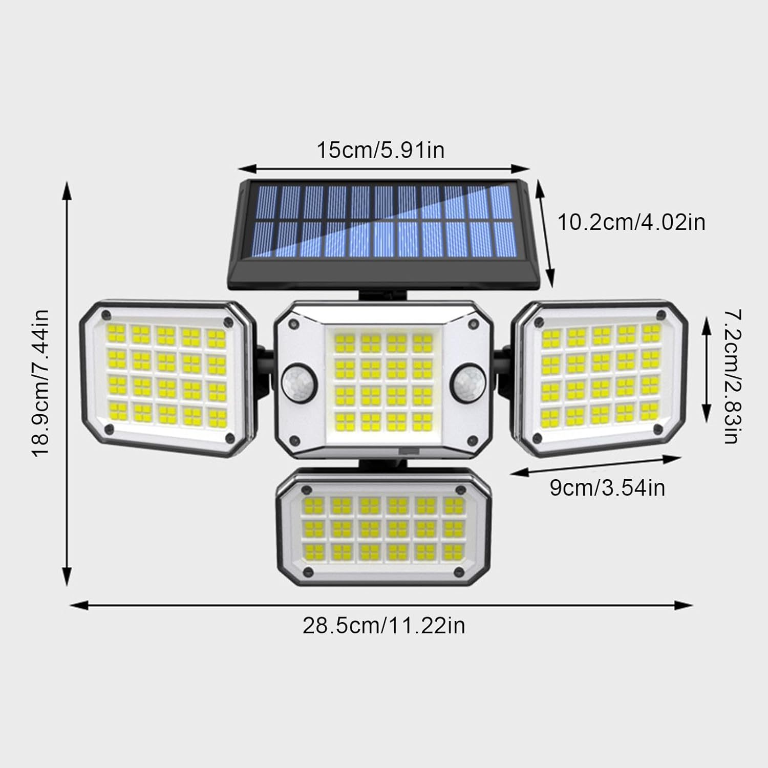 Ein Solarlicht mit drei verstellbaren Köpfen und einem Solarpanel.