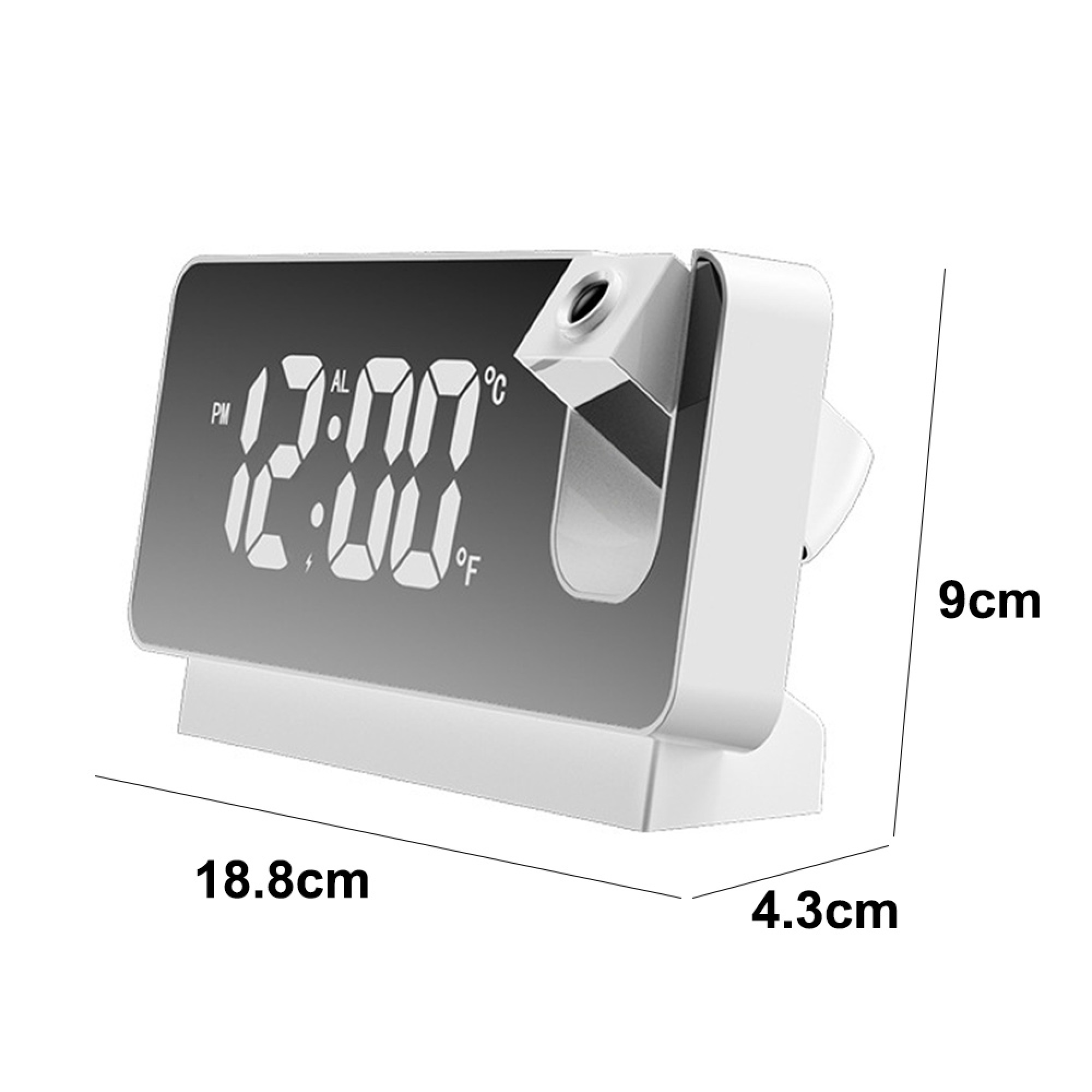 Digitaluhr mit Projektor, zeigt 12:00 und Temperatur an. Maße: 18,8x9x4,3cm.
