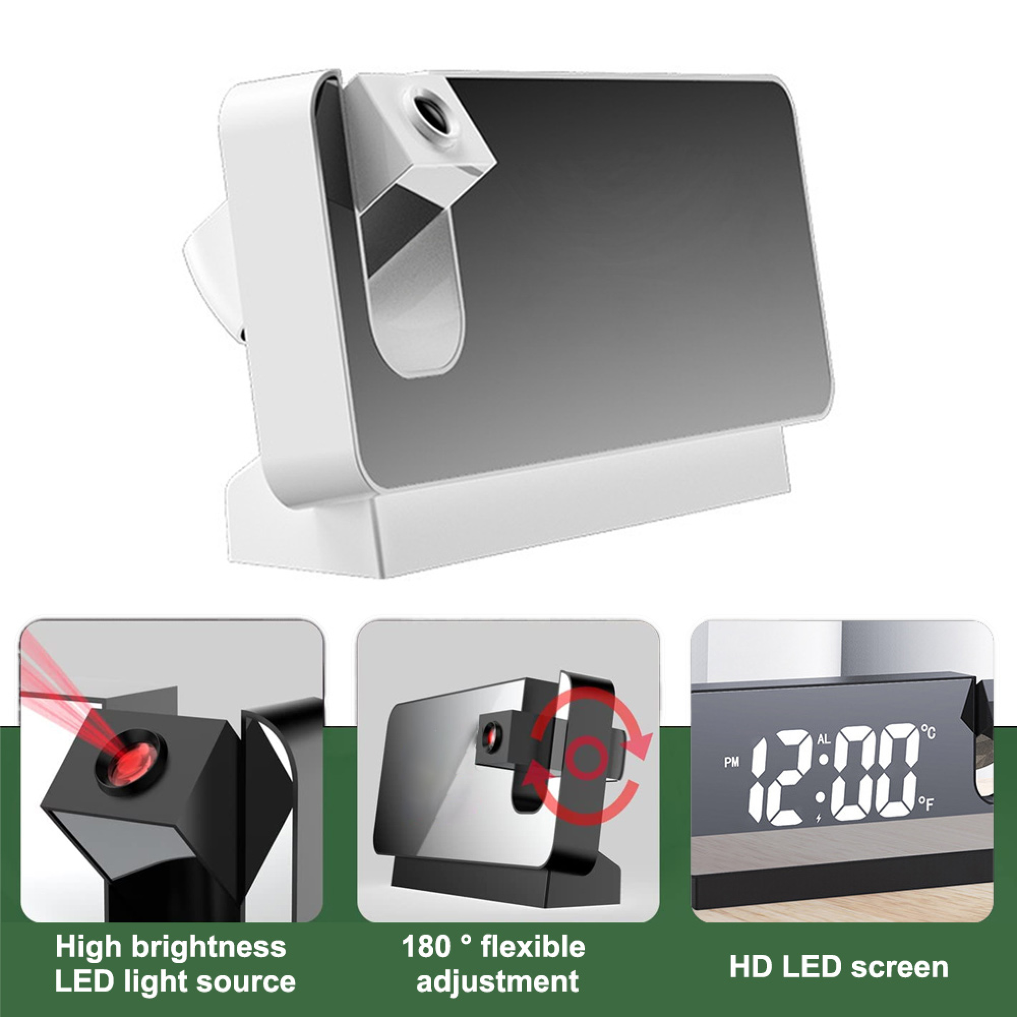 Ein weißer Projektionswecker mit HD-LED-Bildschirm und flexibler Einstellung.