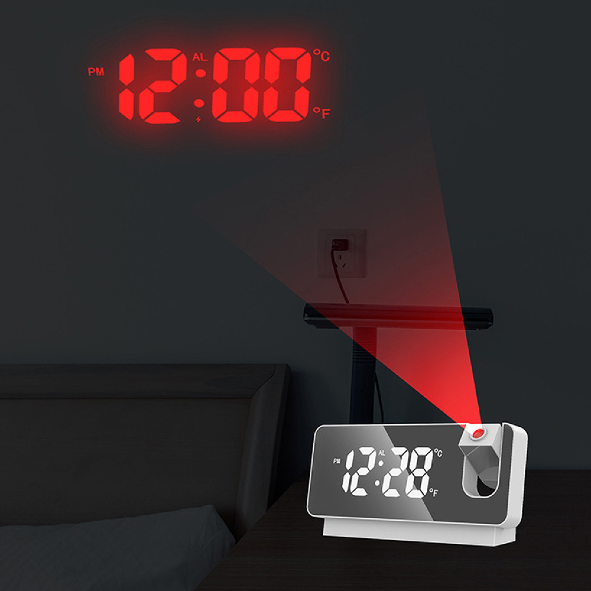 Digitaluhr projiziert 12:00 rot an Wand. Weitere Anzeige zeigt 12:28.