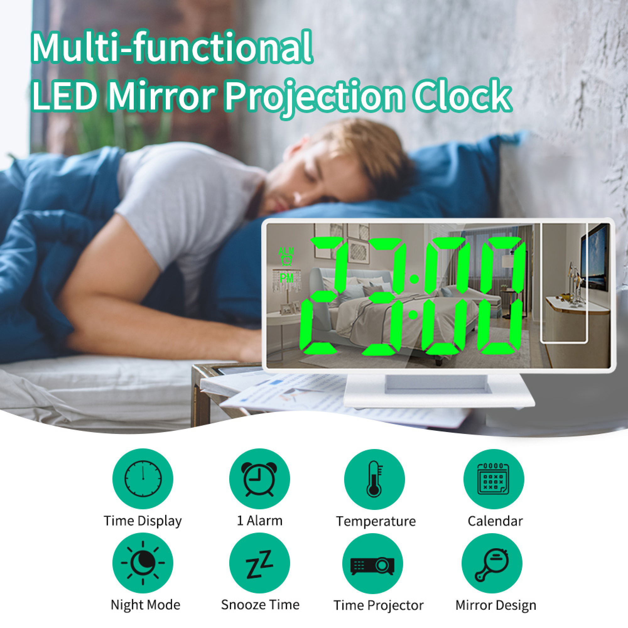 Multifunktionale LED-Uhr projiziert Zeit an Schlafzimmerdecke. Funktionen: Zeit, Alarm, Temp., Kalender, Nachtmodus.