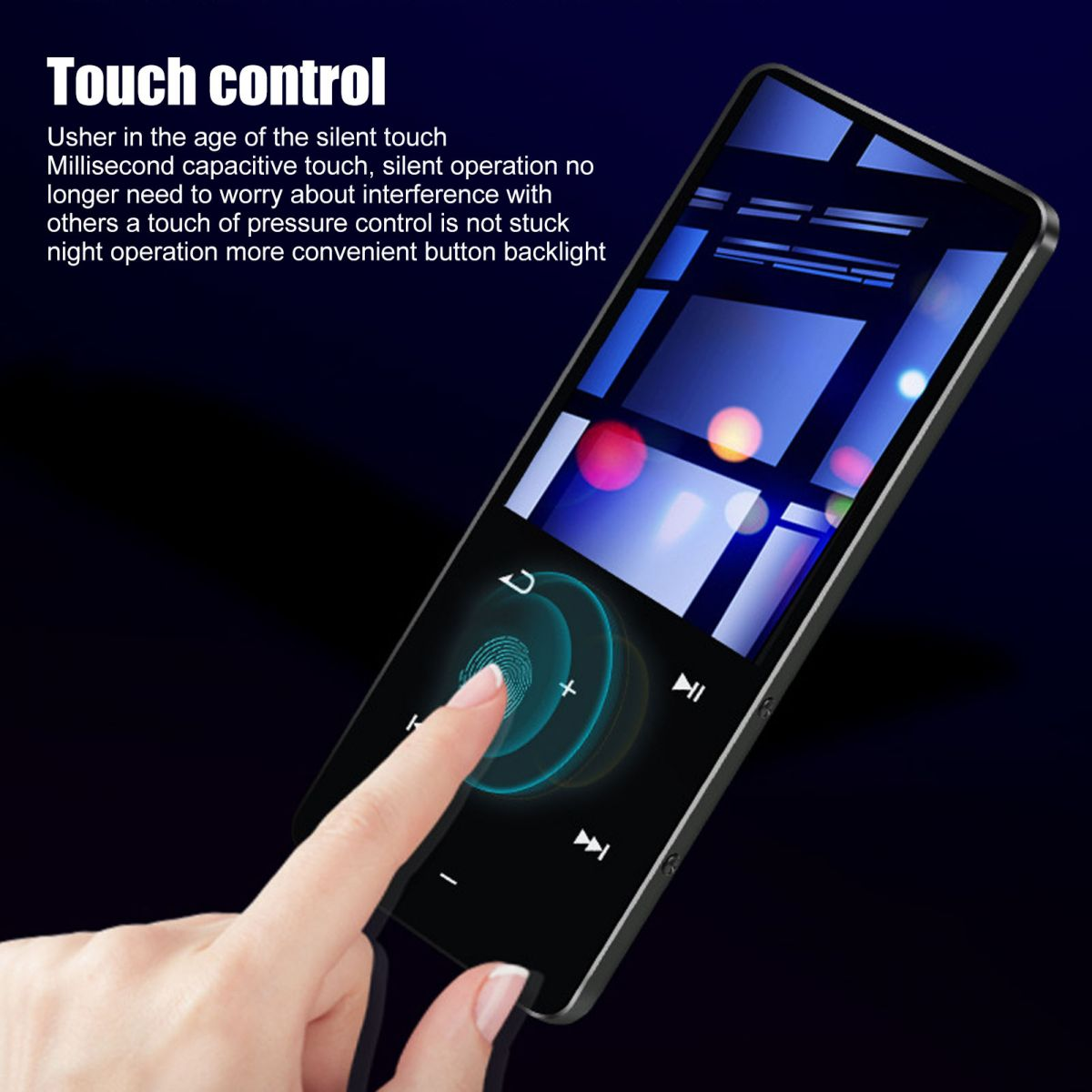 Finger tippt auf Touchscreen-Steuerung mit Musik-Player-Symbolen.