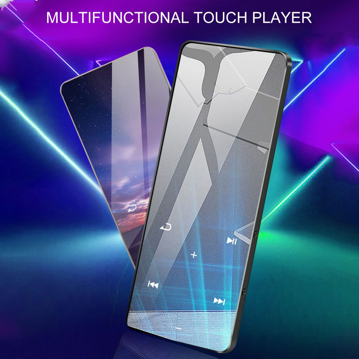 Zwei Multifunktions-Touchplayer mit abstrakten blauen und violetten Lichtstrahlen.