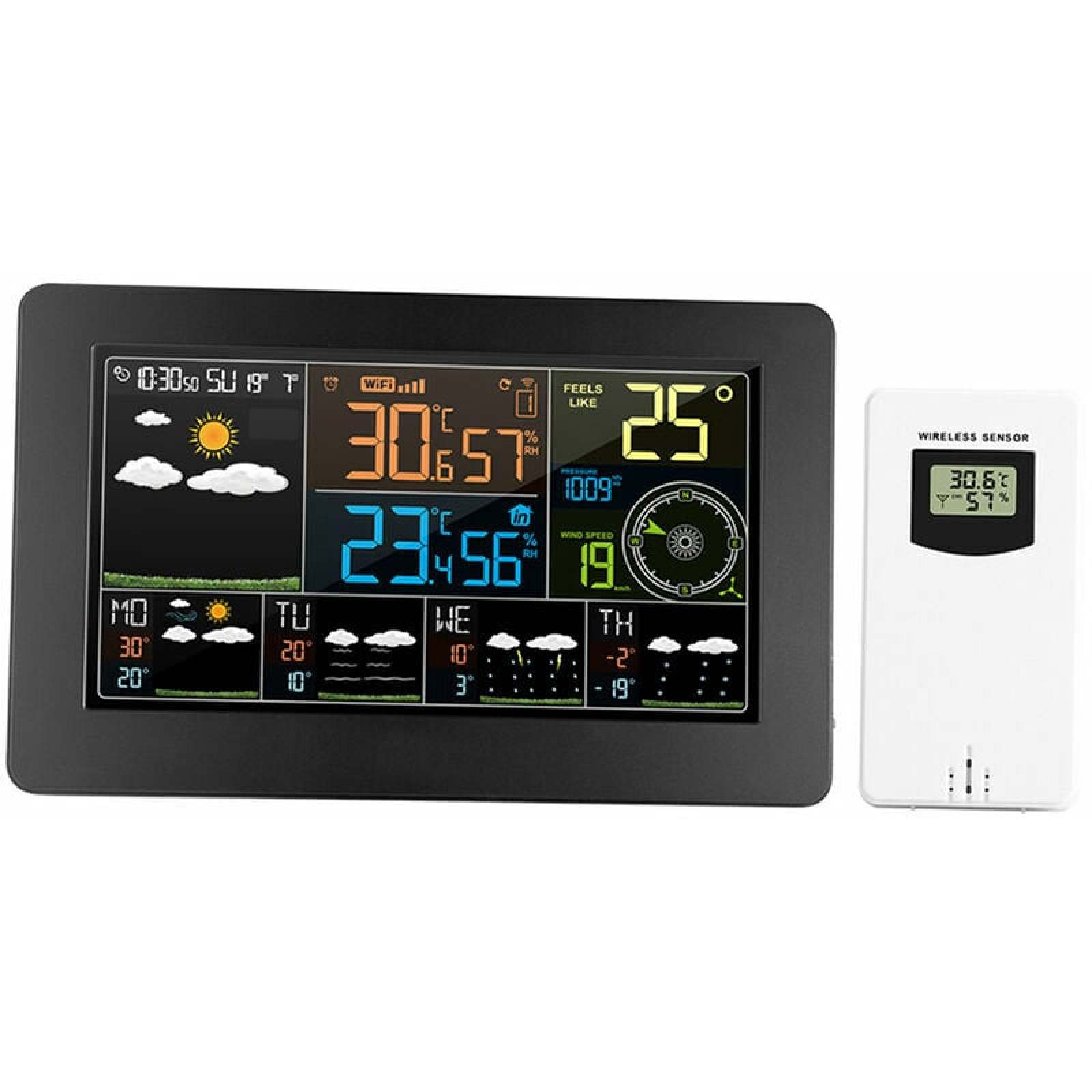 Ein digitales Wetterstation-Display mit einer externen Einheit. Zeigt Temperatur, Luftfeuchtigkeit und Wind.