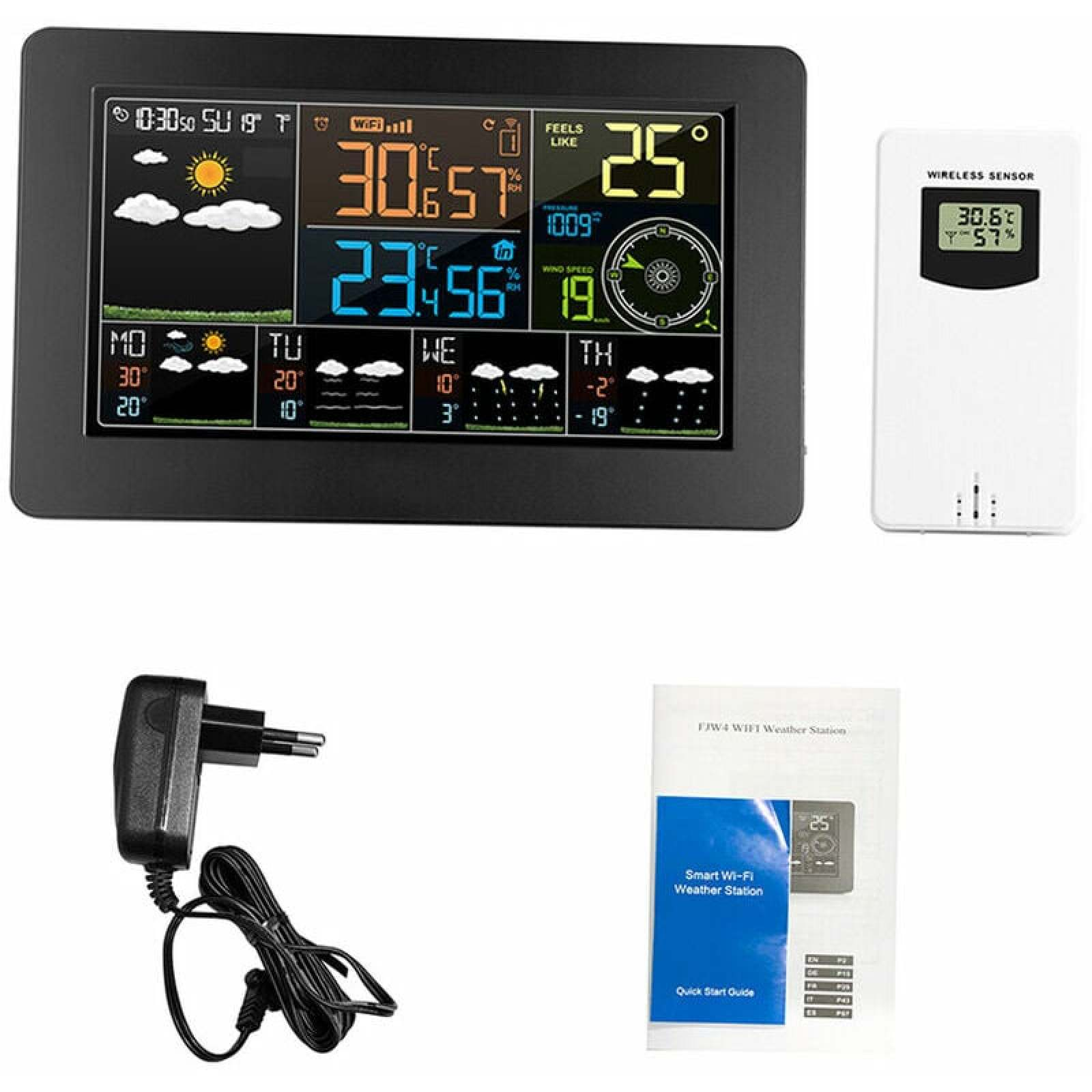 Digitale Wetterstation mit Display, Funksensor, Netzteil und Anleitung.