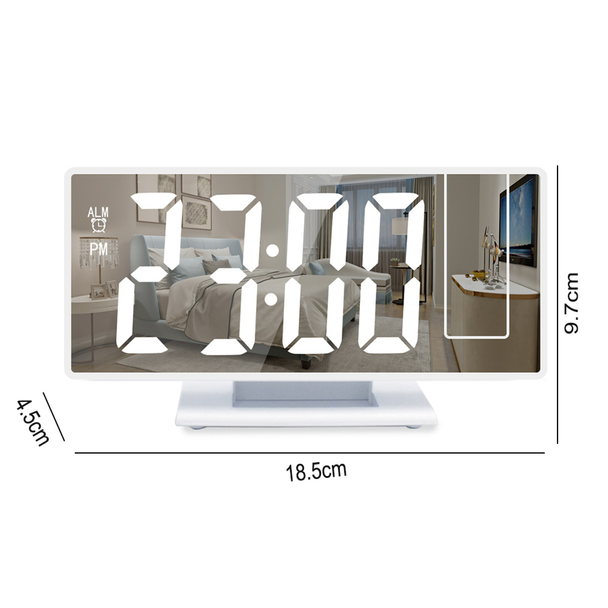 Ein digitaler Wecker mit weißem Gehäuse, der 12:00 Uhr anzeigt.