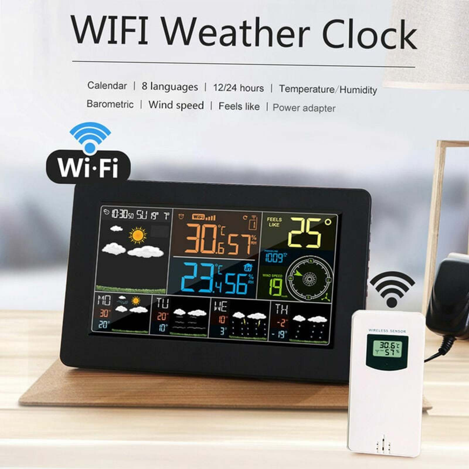 Ein WiFi-Wetteruhren-Display zeigt Temperatur, Luftfeuchtigkeit, Windgeschwindigkeit und Wettervorhersage.