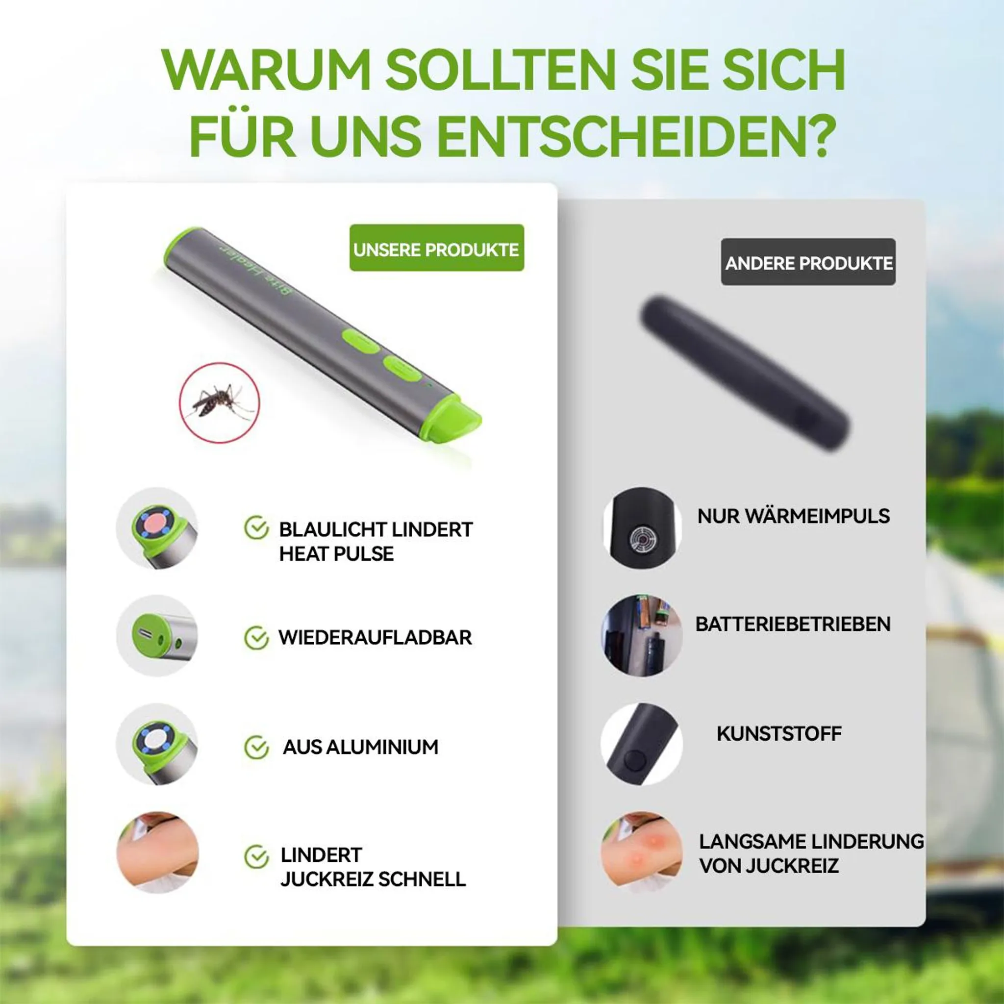 Vergleich eines Insektenstichheilers mit blauer Lichttherapie vs. Wärmeimpulsgerät.